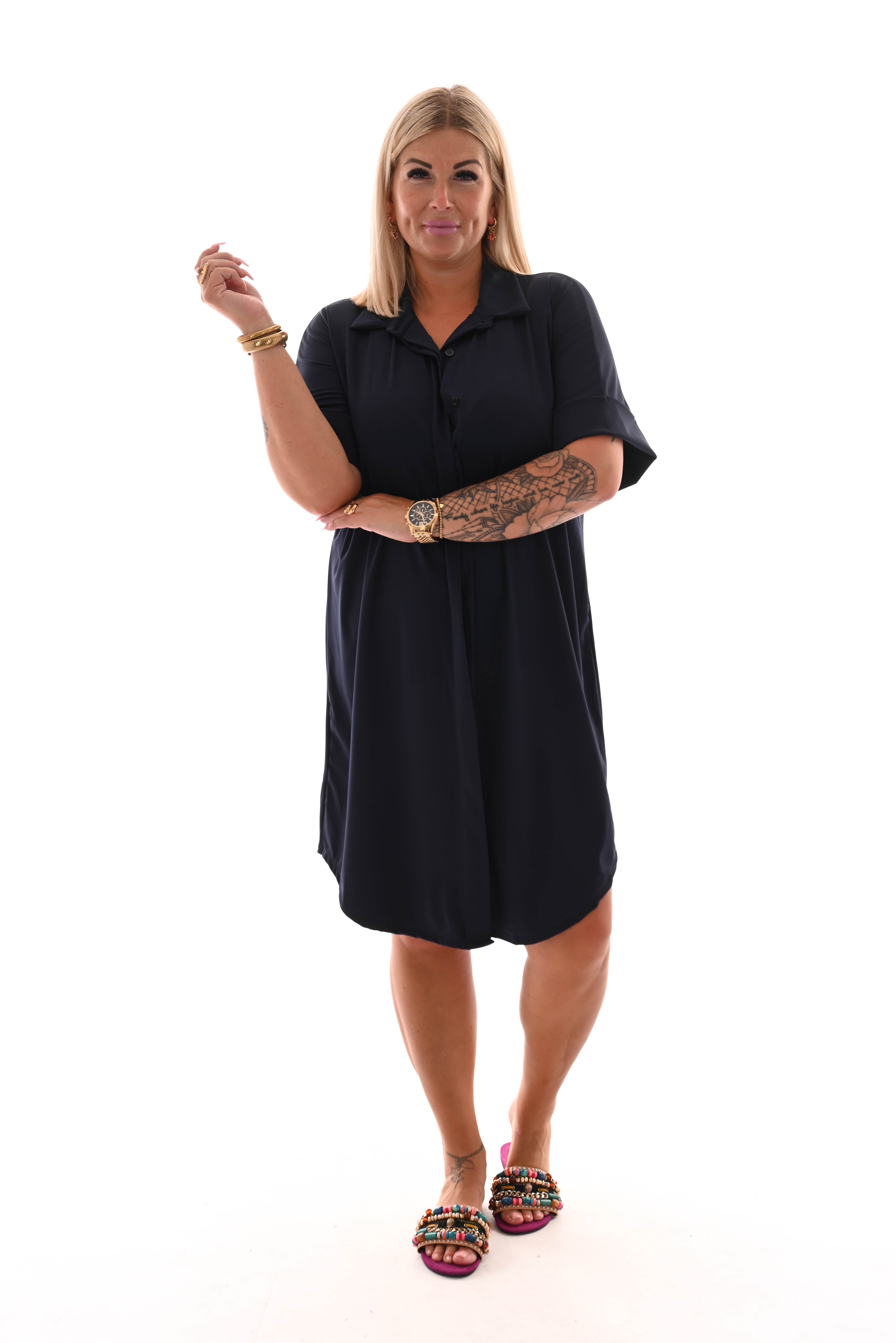 Travel jurk doorknoop uni marineblauw