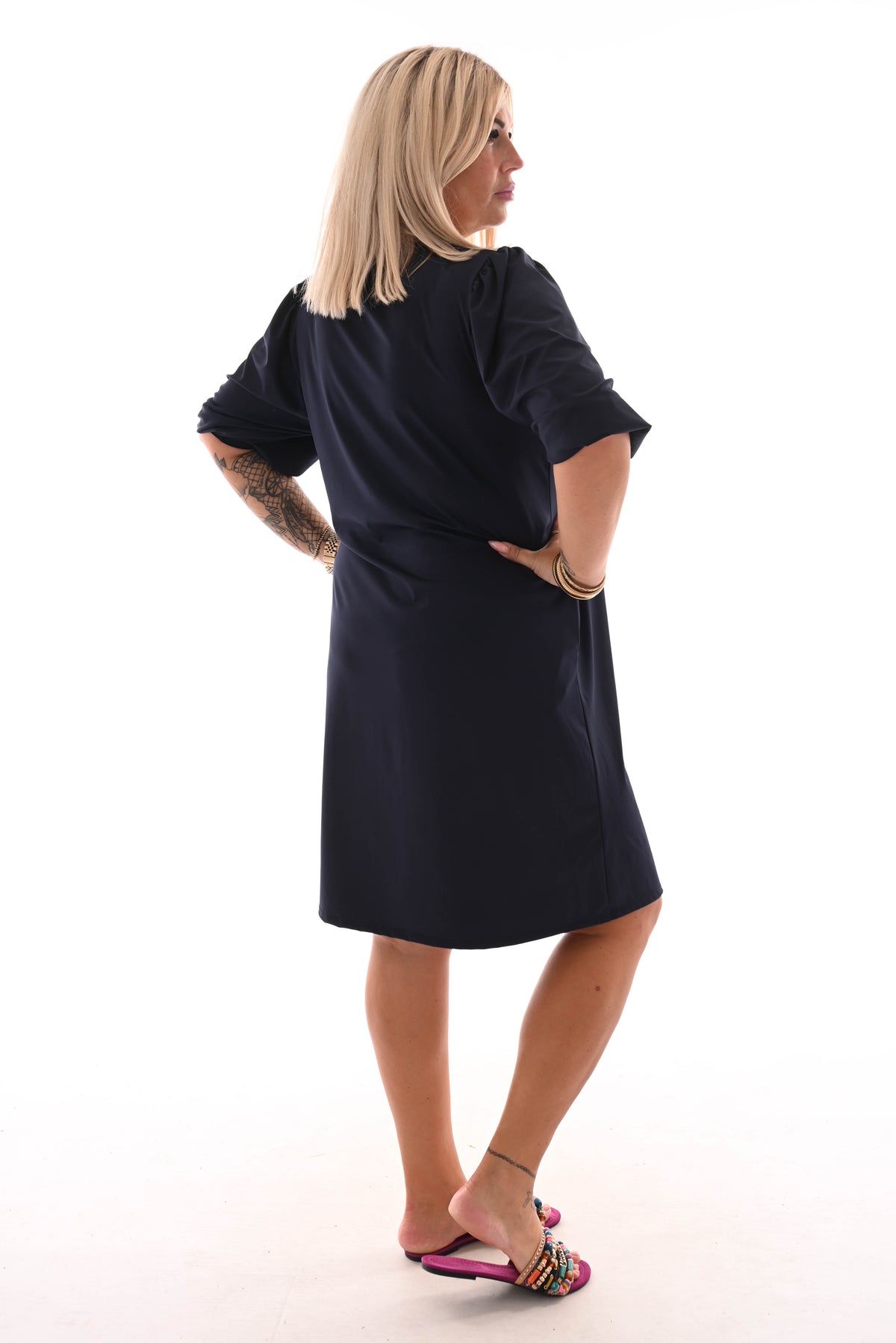 Travel jurk v-hals 3/4e pofmouwen marineblauw