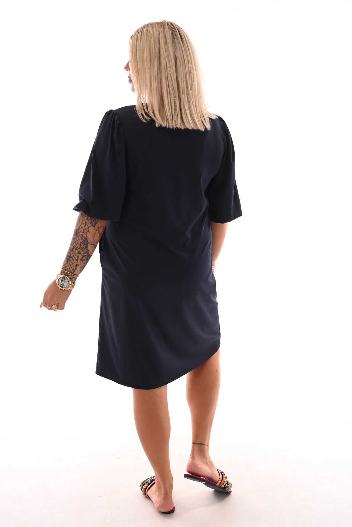 Travel jurk v-hals 3/4e pofmouwen marineblauw