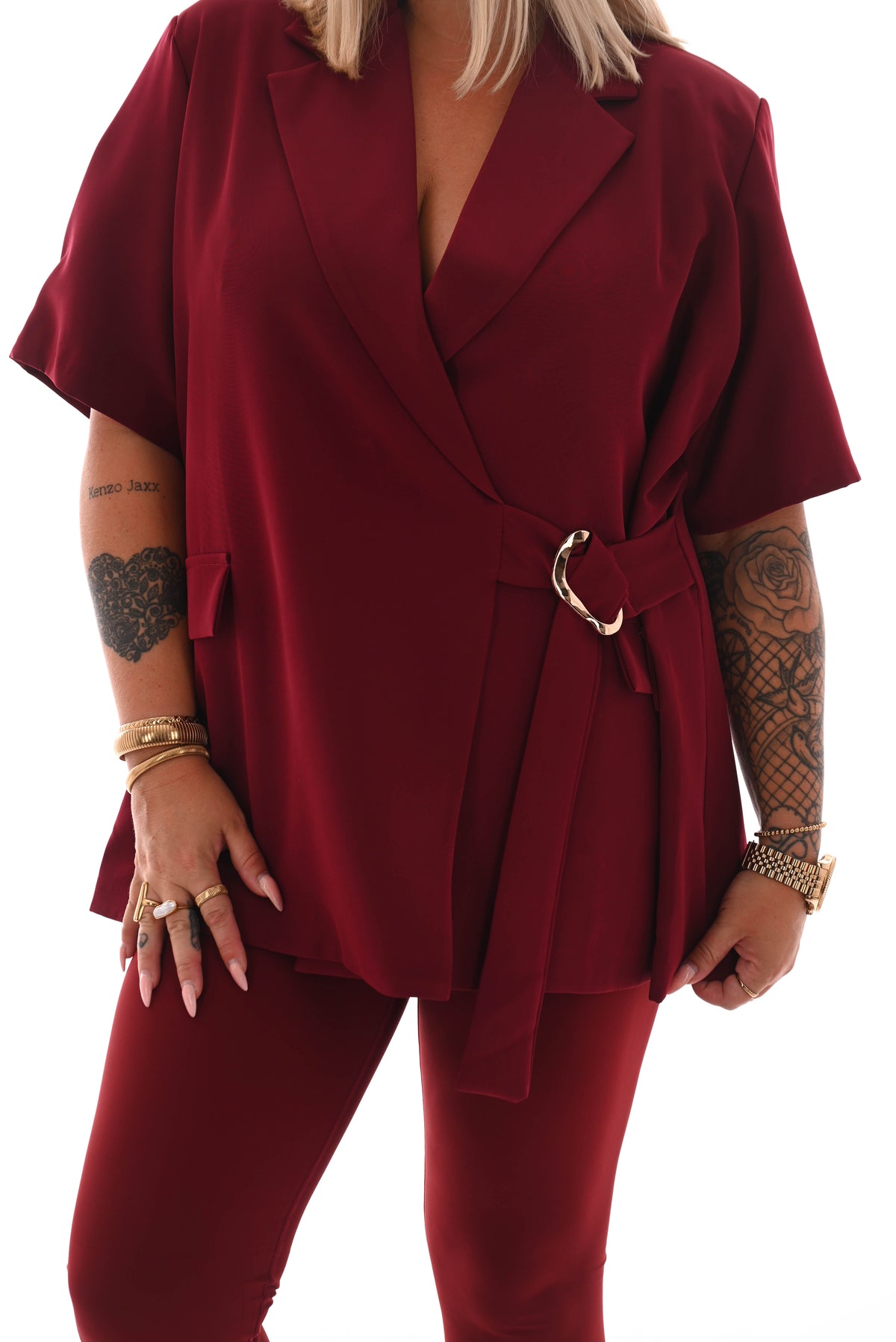 Blazer korte mouwen met zijceintuur bordeaux