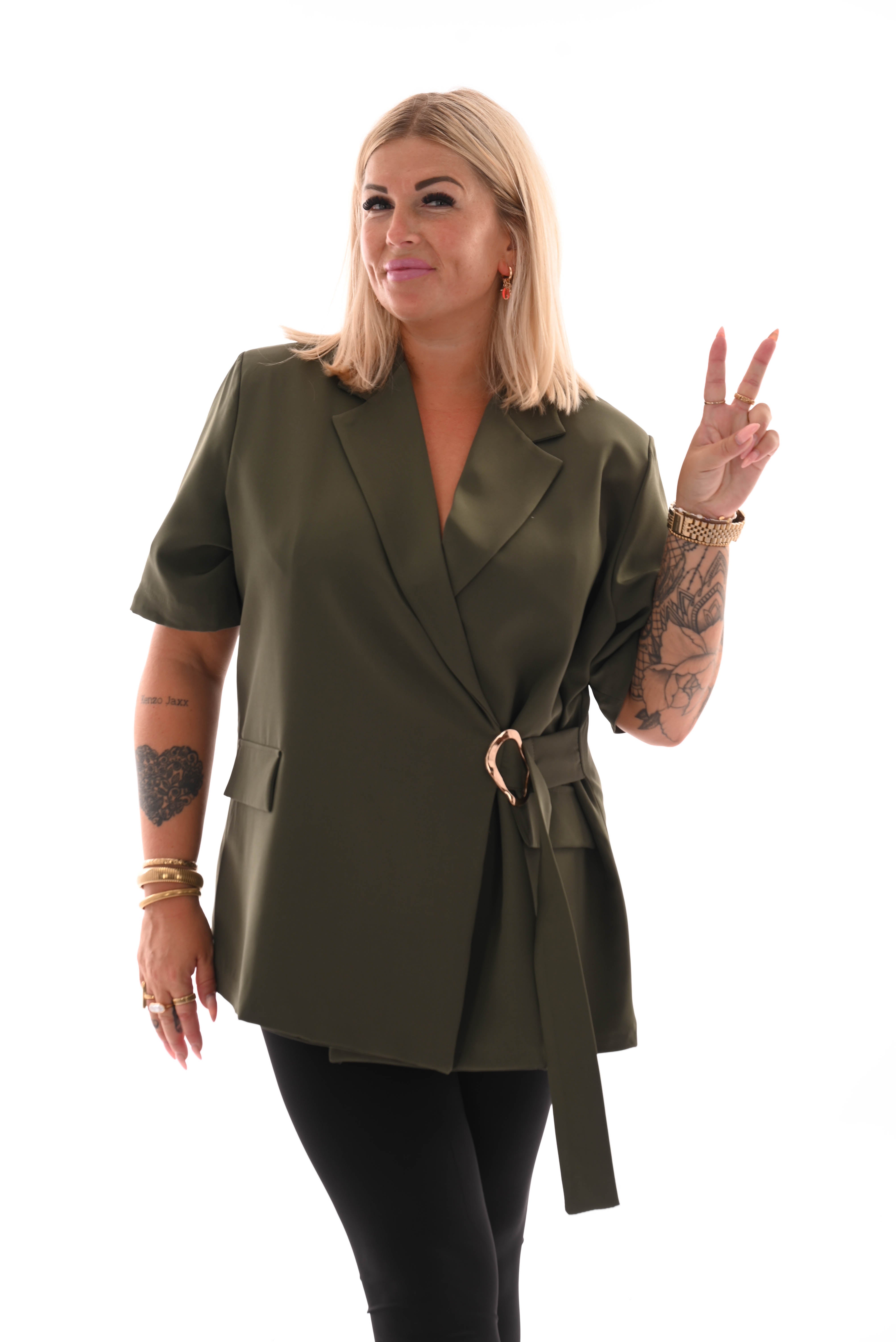 Blazer korte mouwen met zijceintuur legergroen