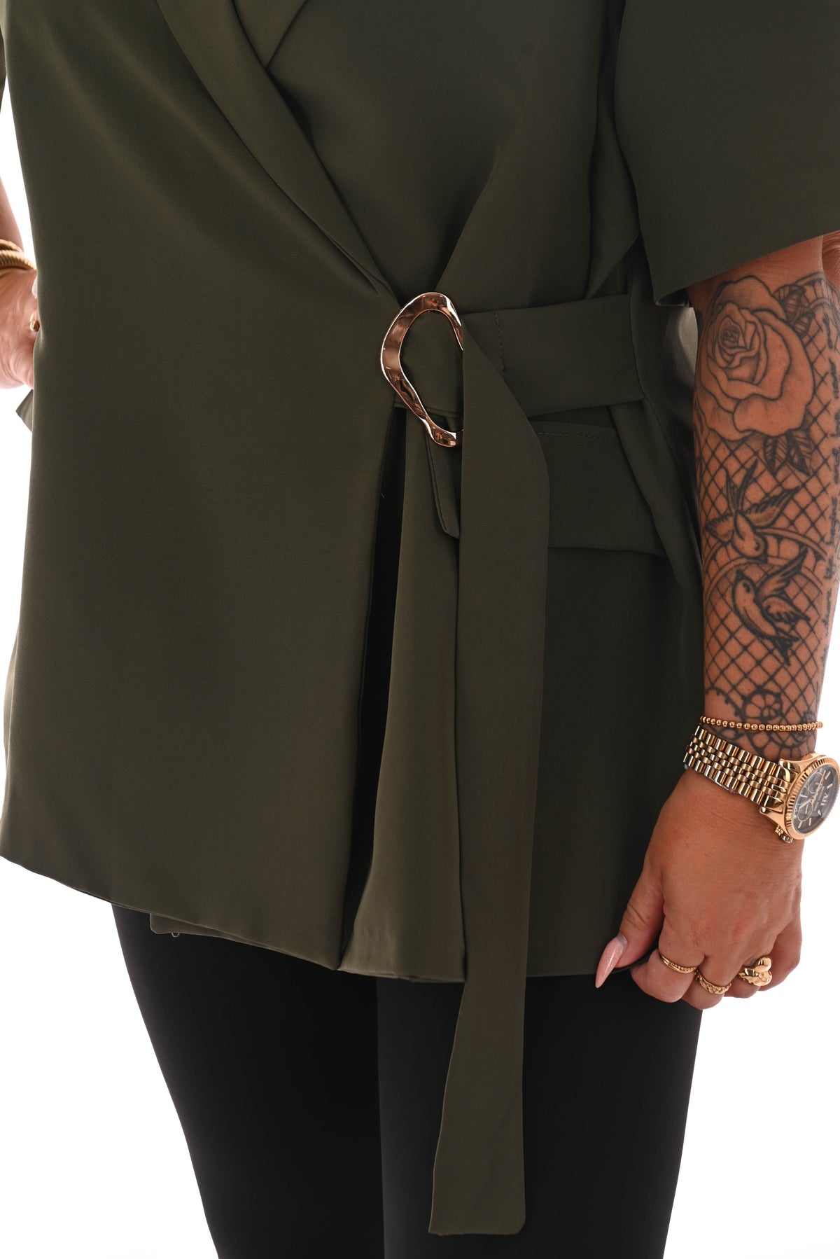 Blazer korte mouwen met zijceintuur legergroen