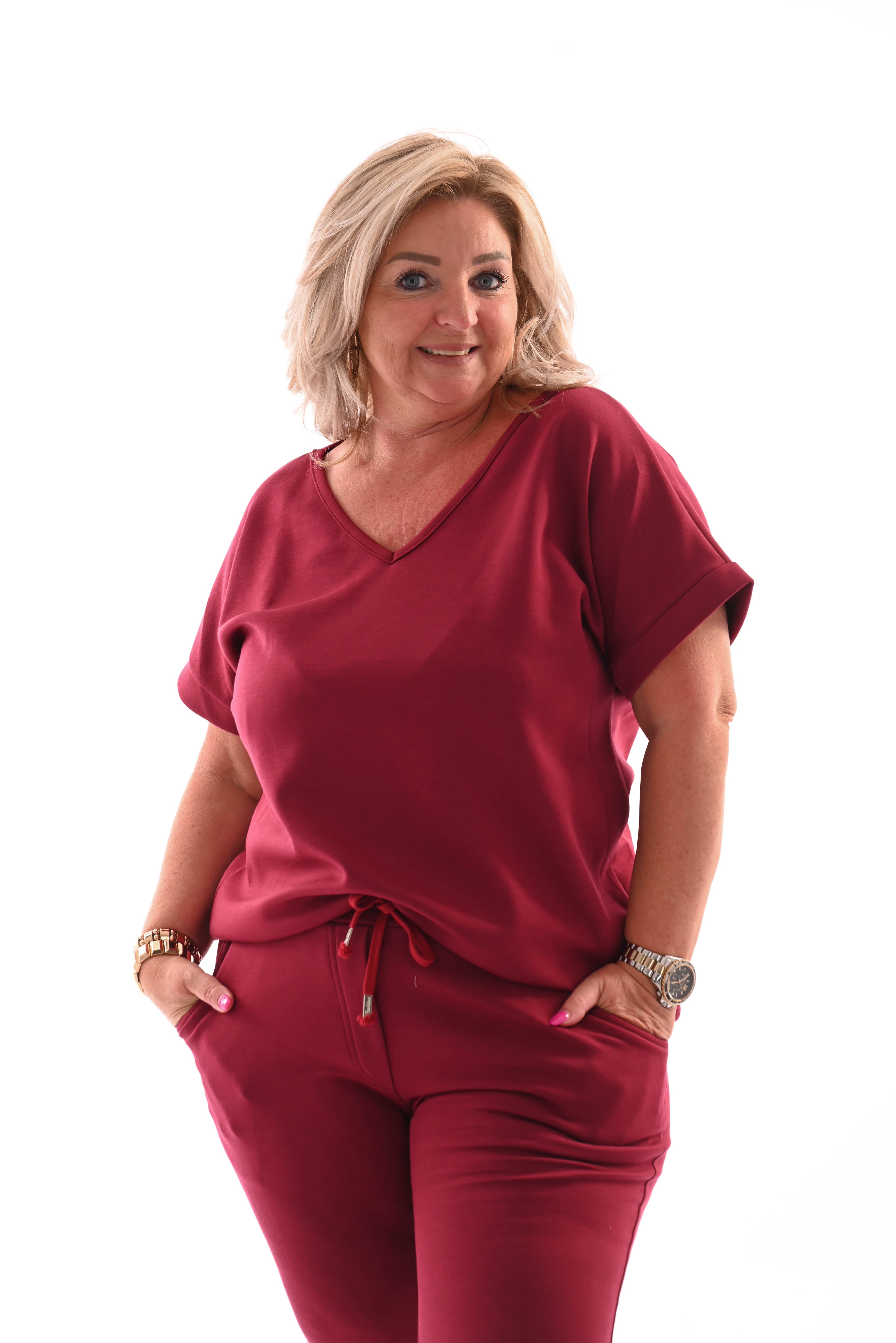 Tweedelig pak v-hals uni bordeaux