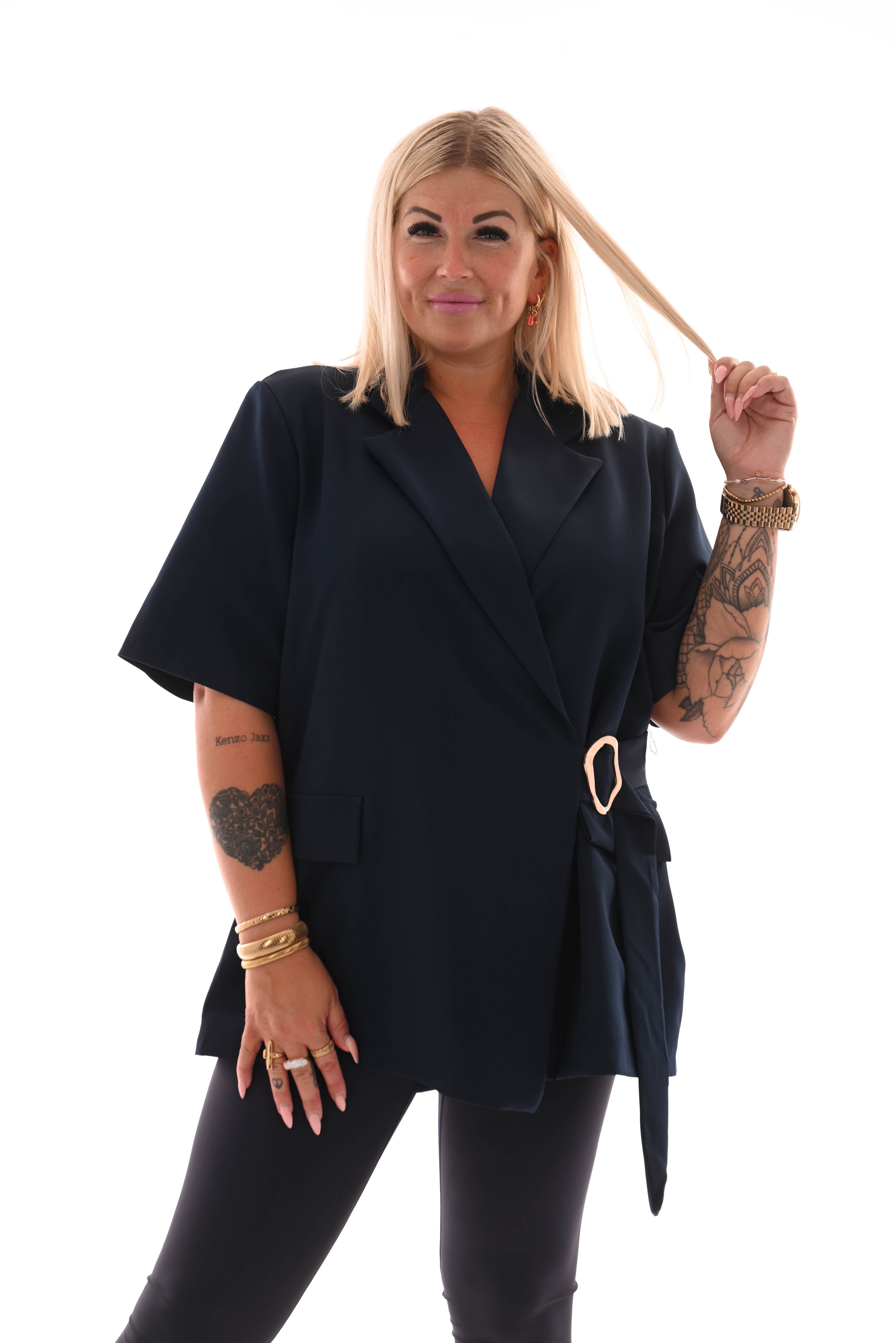 Blazer korte mouwen met zijceintuur marineblauw