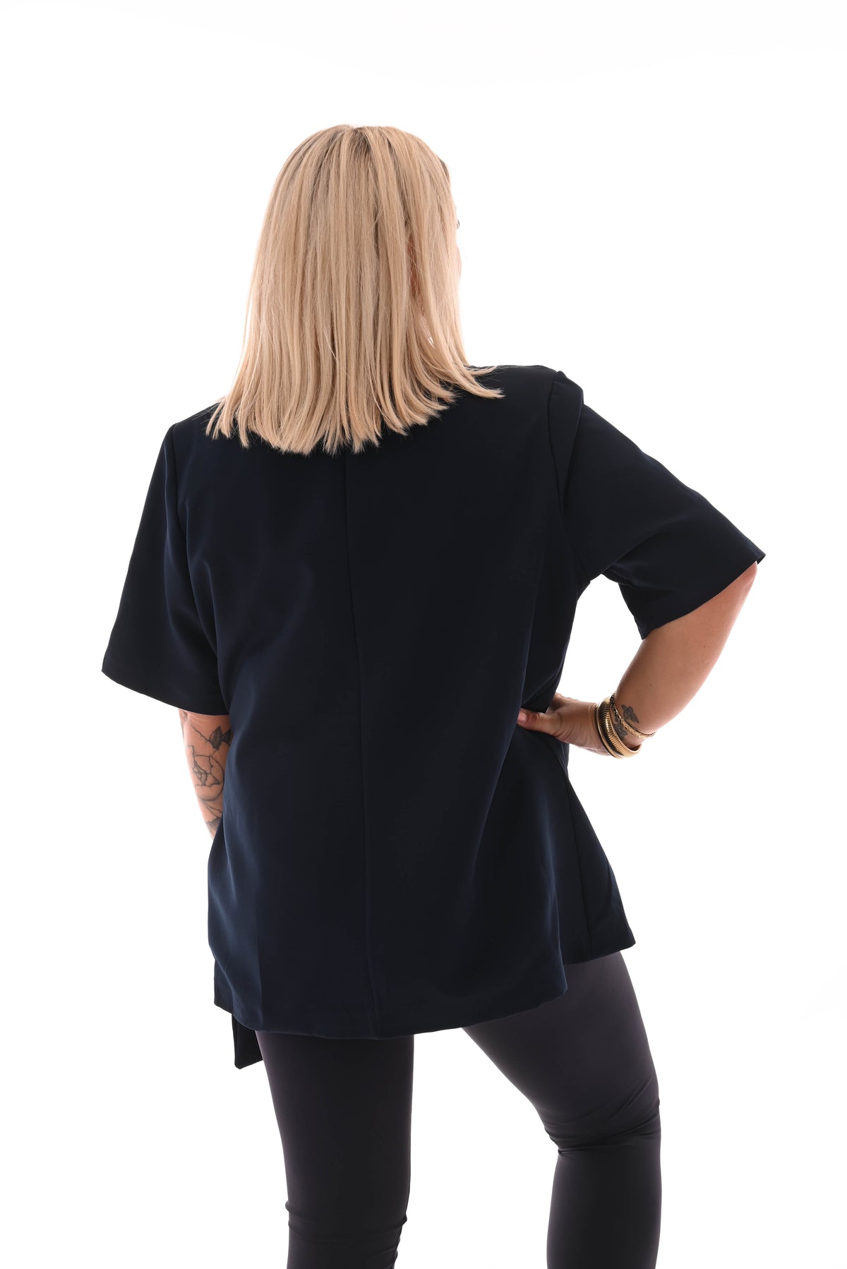 Blazer korte mouwen met zijceintuur marineblauw