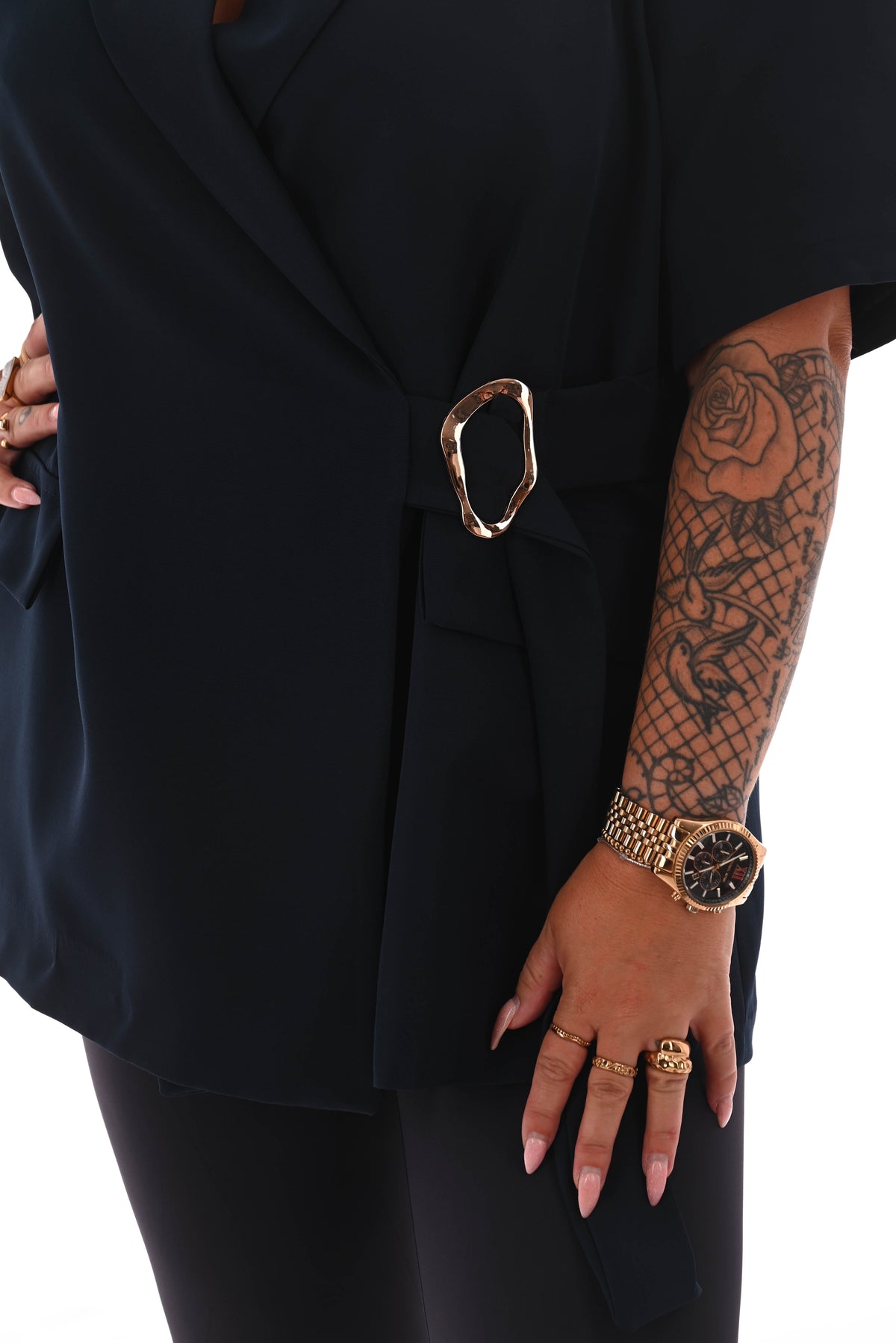 Blazer korte mouwen met zijceintuur marineblauw