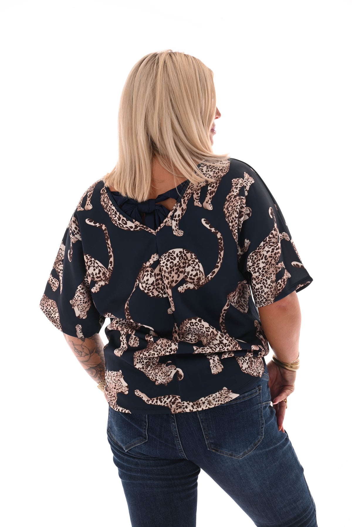 Top panter met strik op rug marineblauw