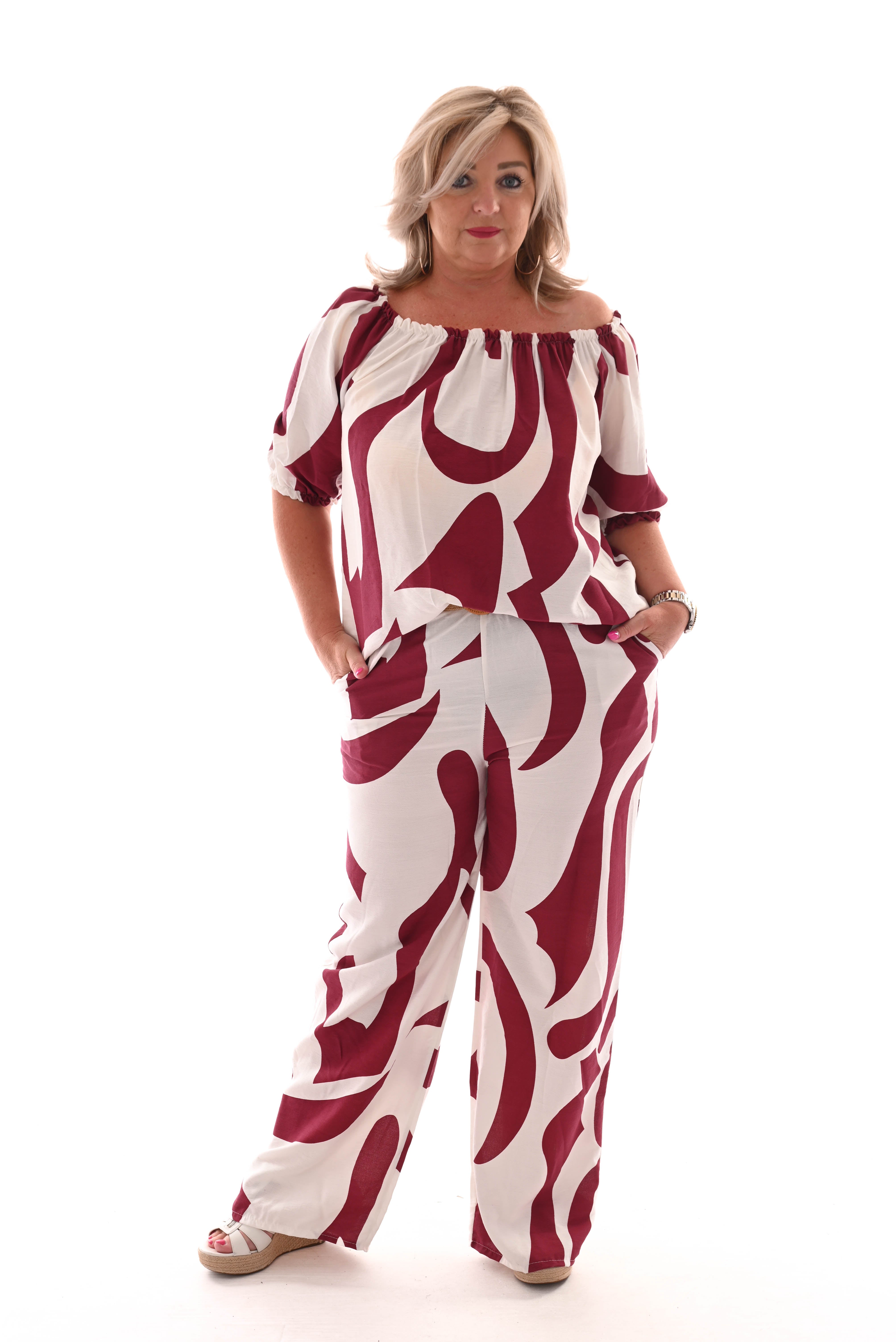 Tweedelig set off-shoulder top abstract roomwit/bordeaux