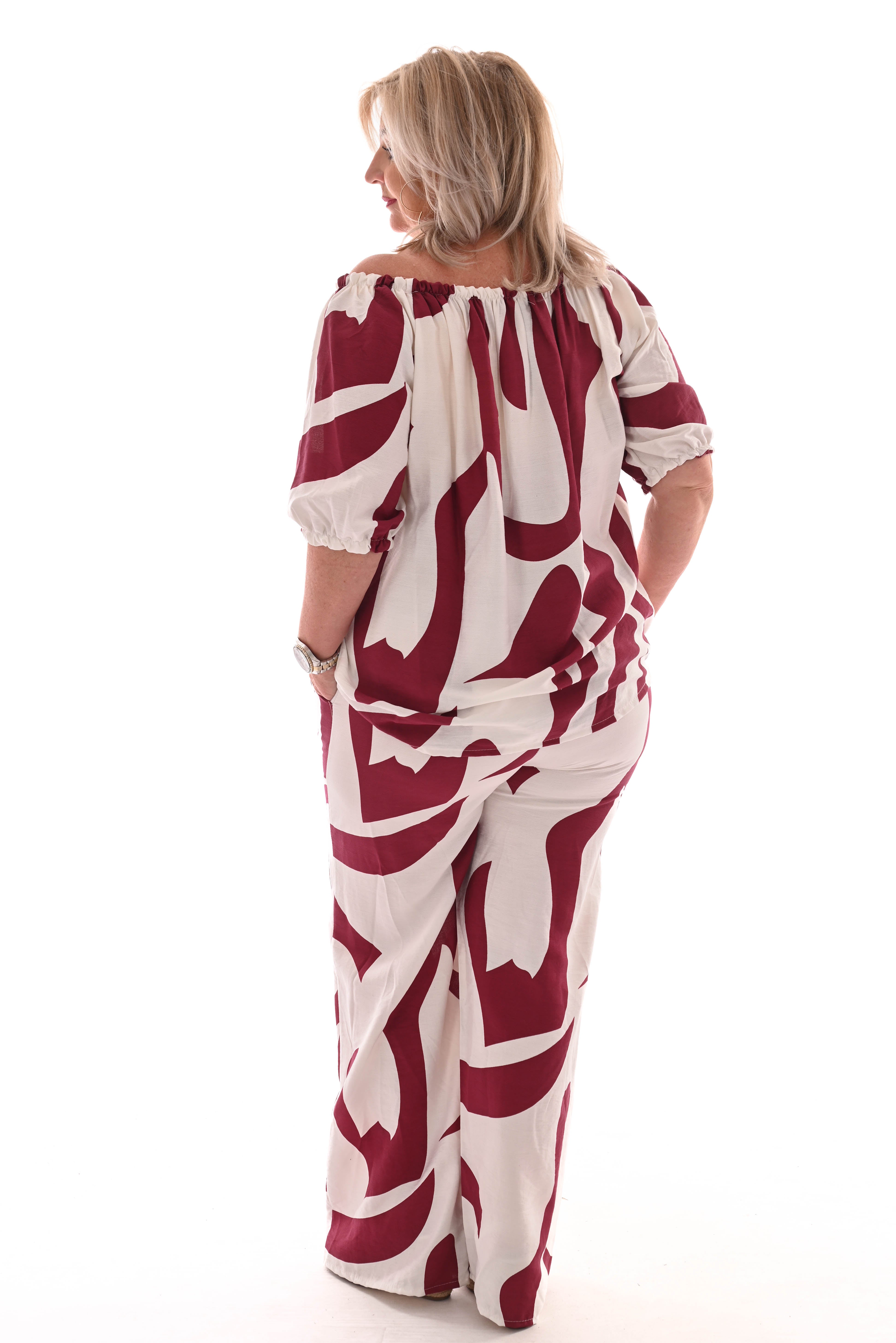 Tweedelig set off-shoulder top abstract roomwit/bordeaux
