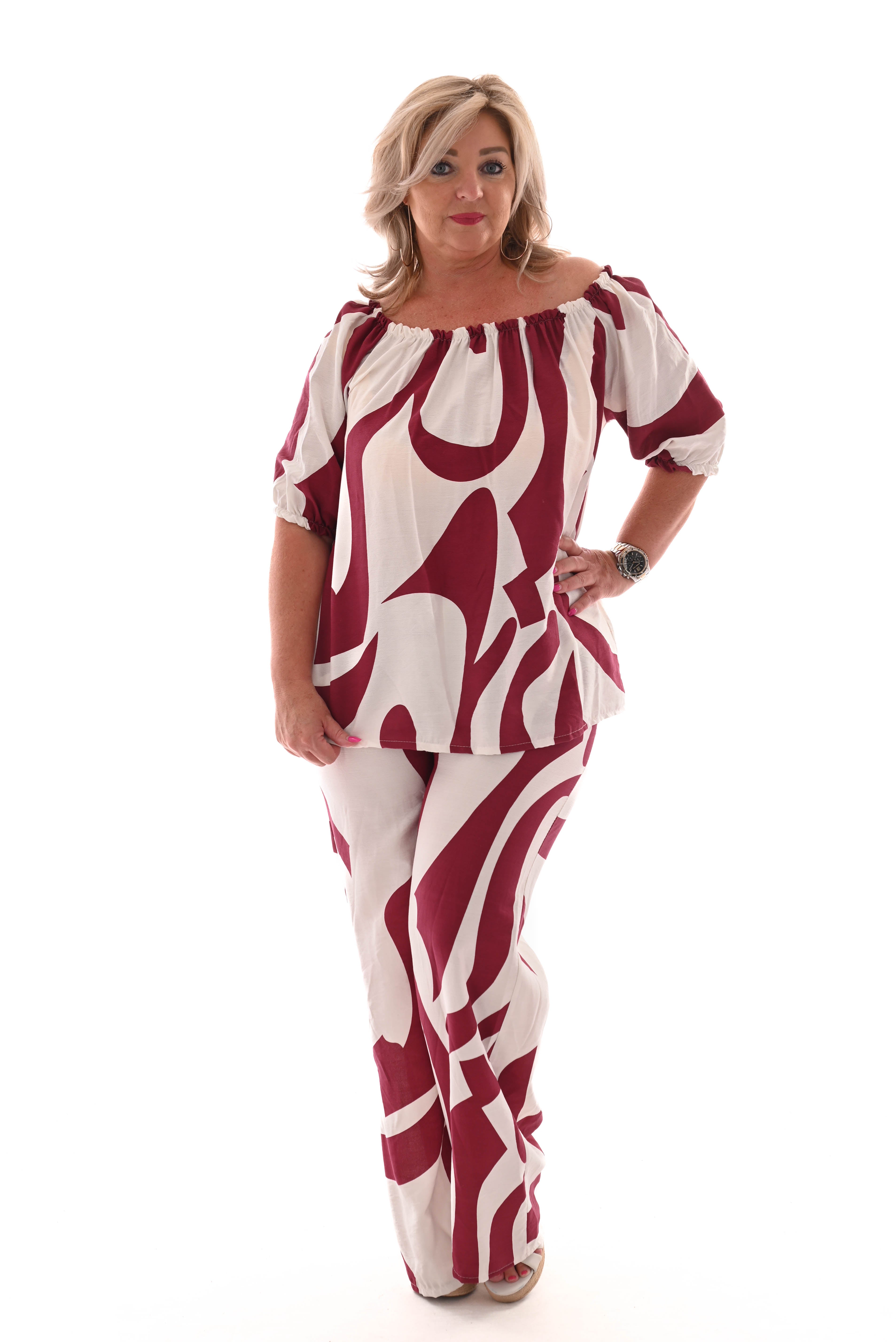 Tweedelig set off-shoulder top abstract roomwit/bordeaux