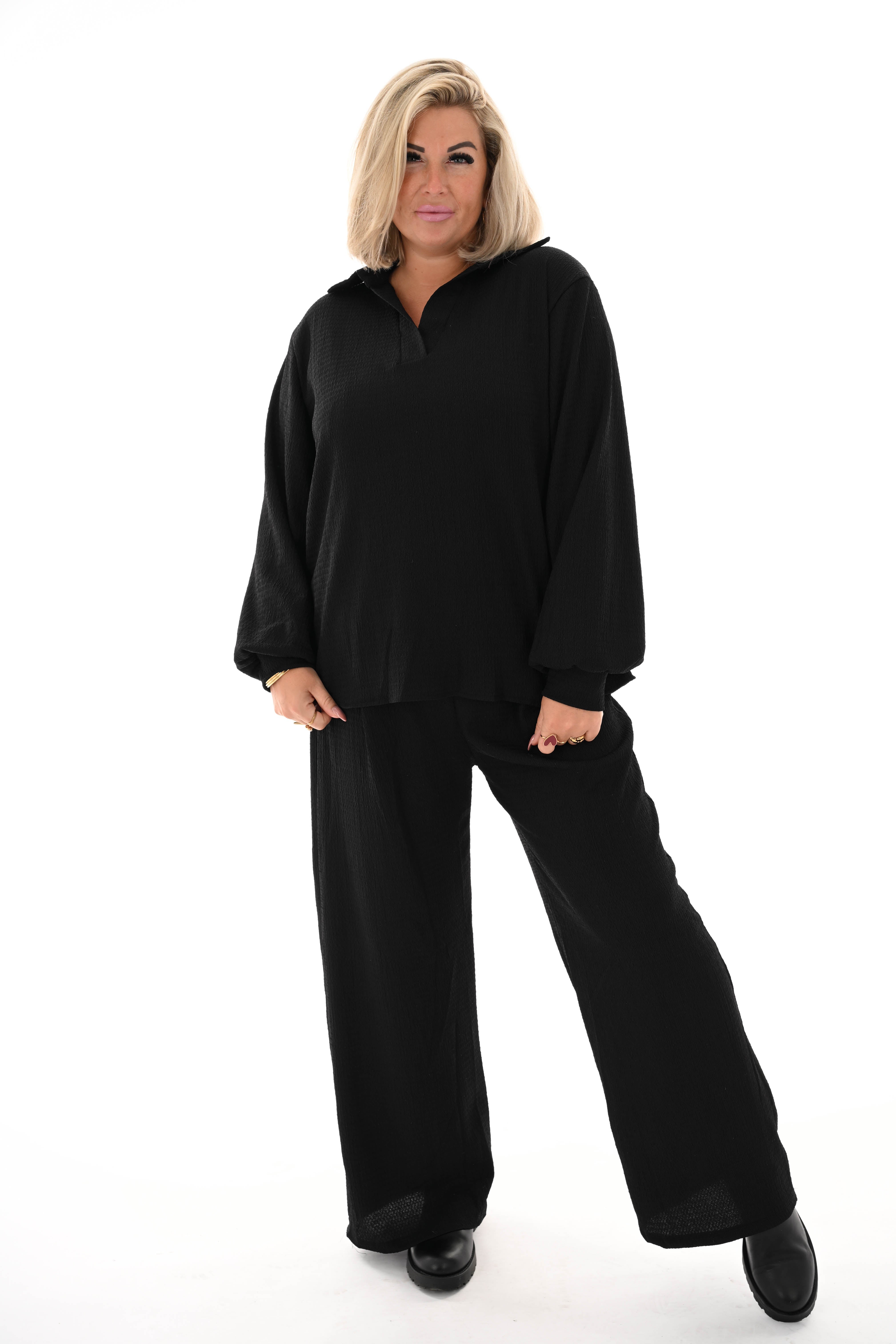 Tweedelig crepe pak v-hals met kraag zwart