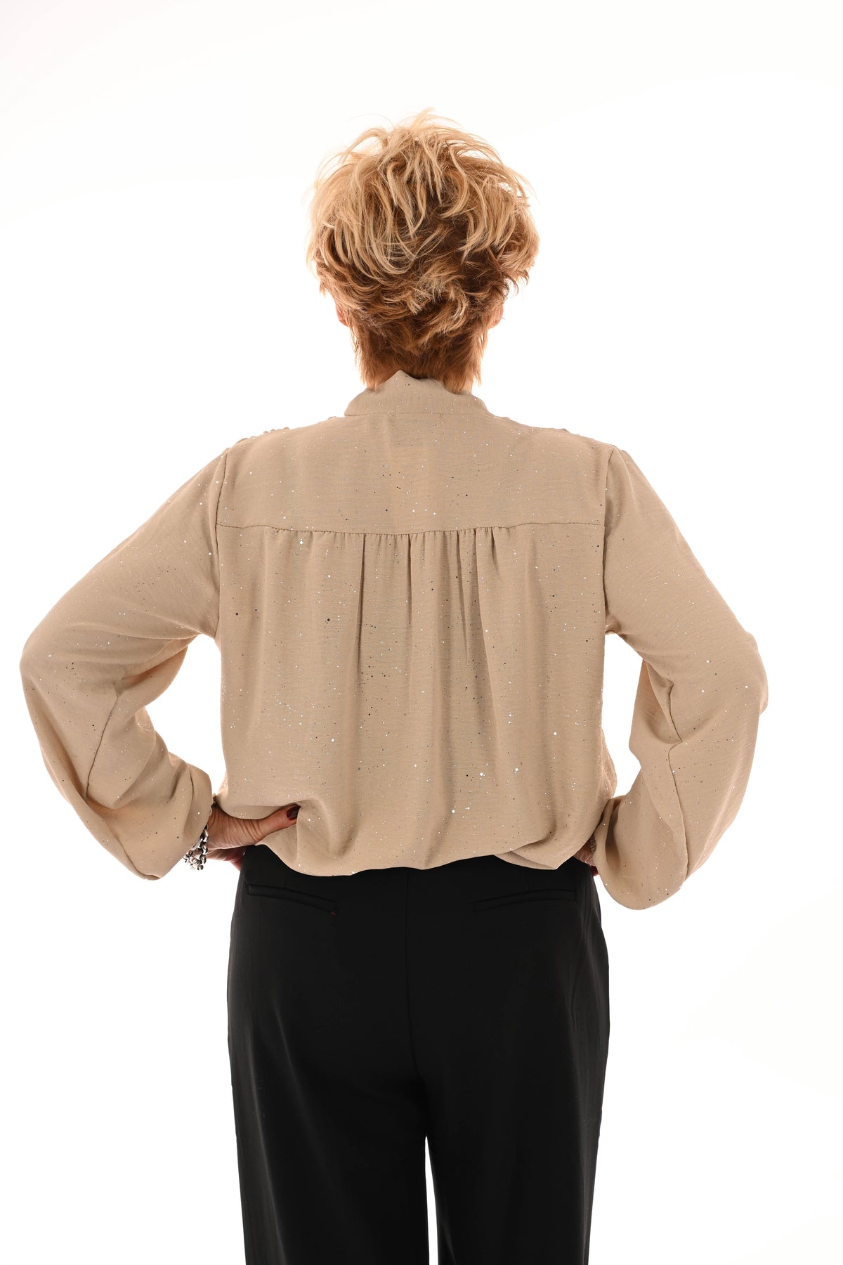 Blouse met strik glitter beige