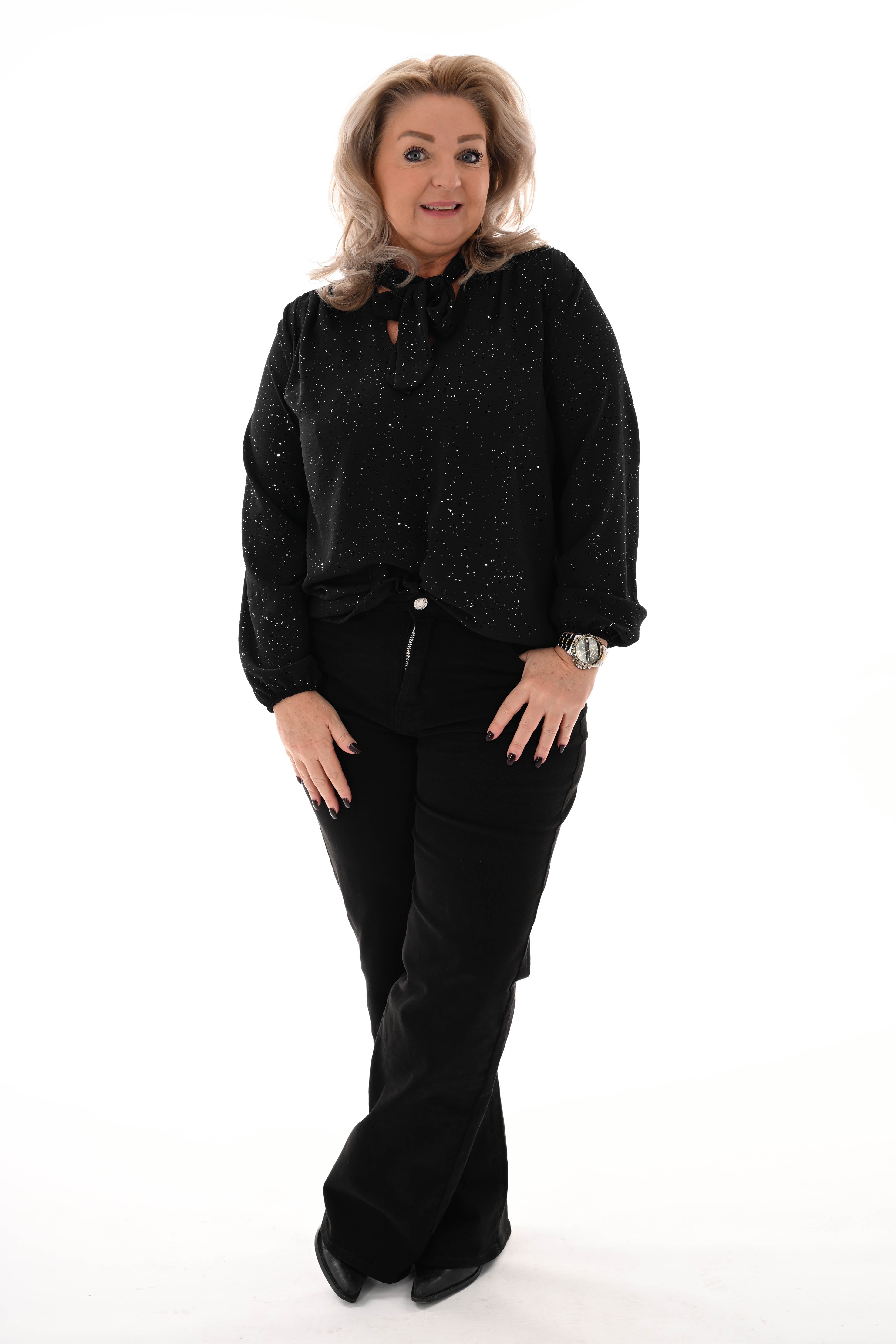 Blouse met strik glitter zwart