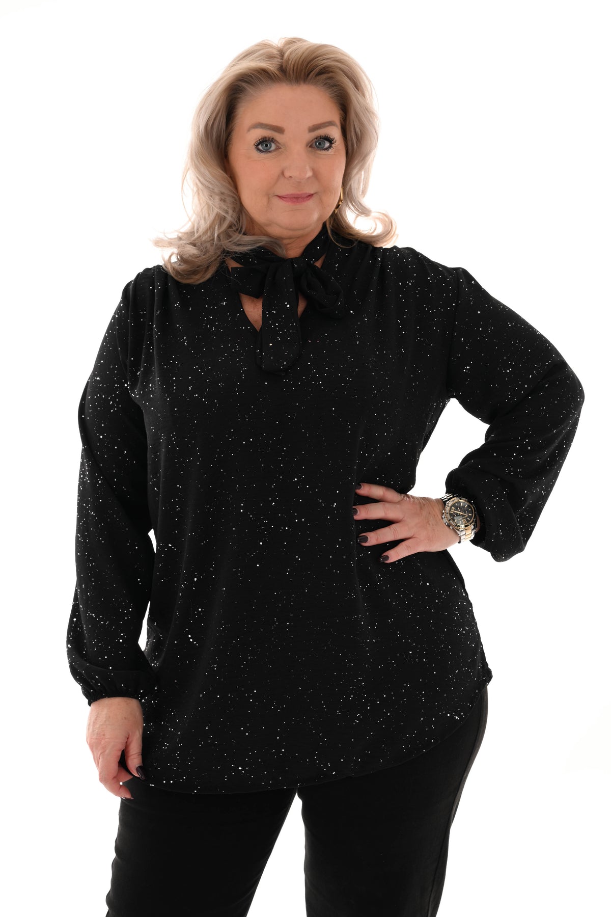 Blouse met strik glitter zwart