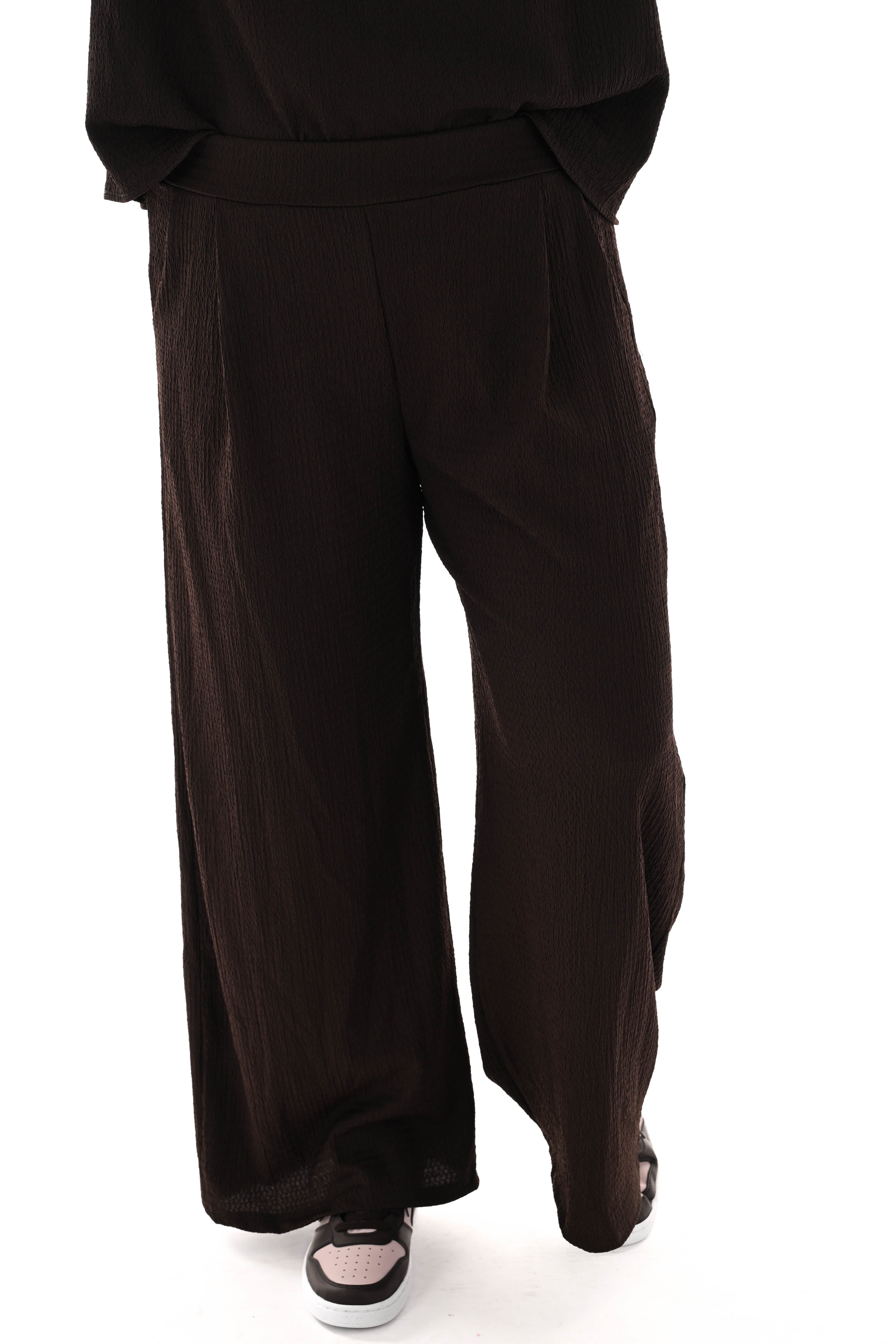 Tweedelig crepe pak v-hals met kraag donkerbruin