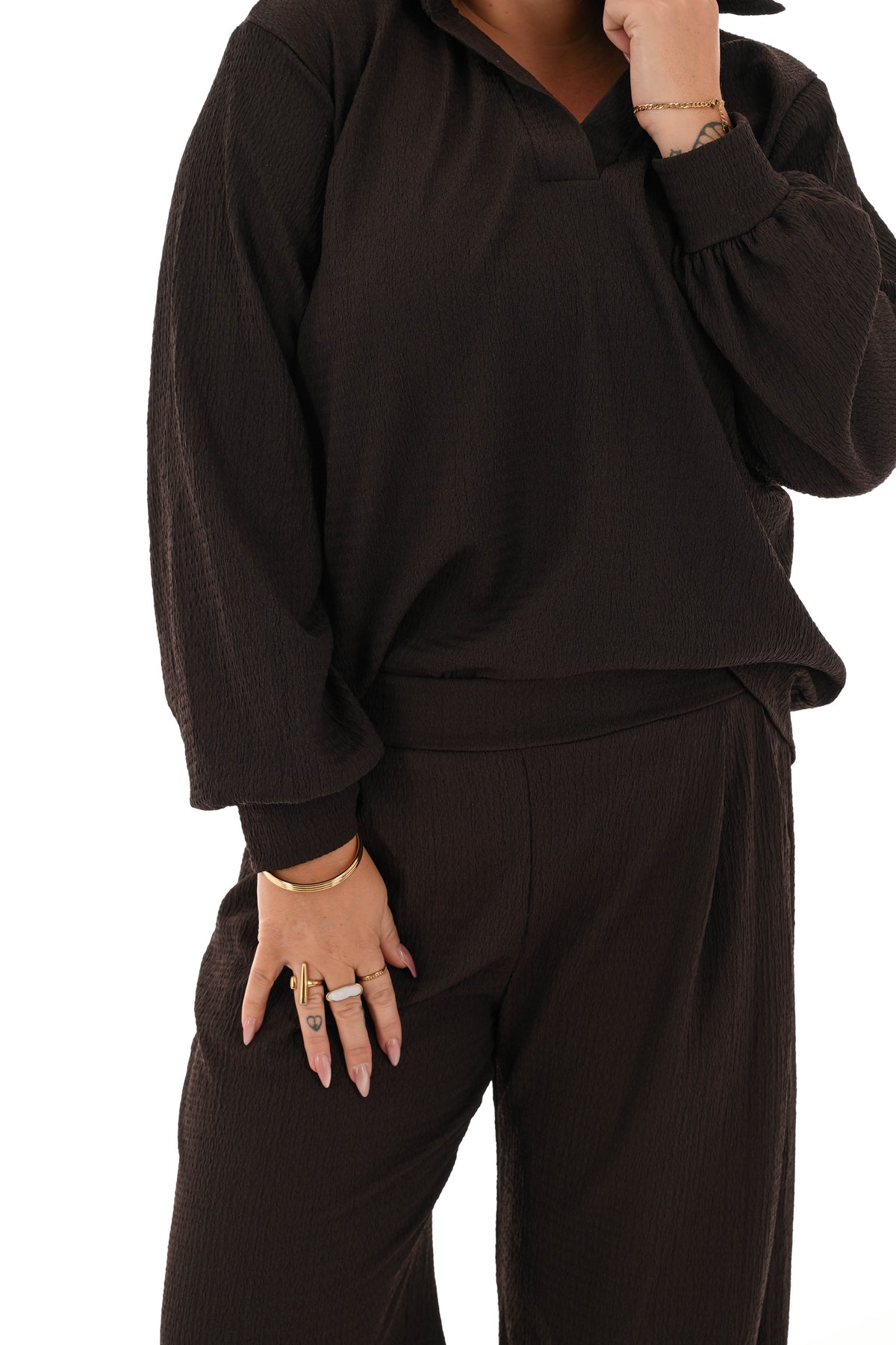 Tweedelig crepe pak v-hals met kraag donkerbruin