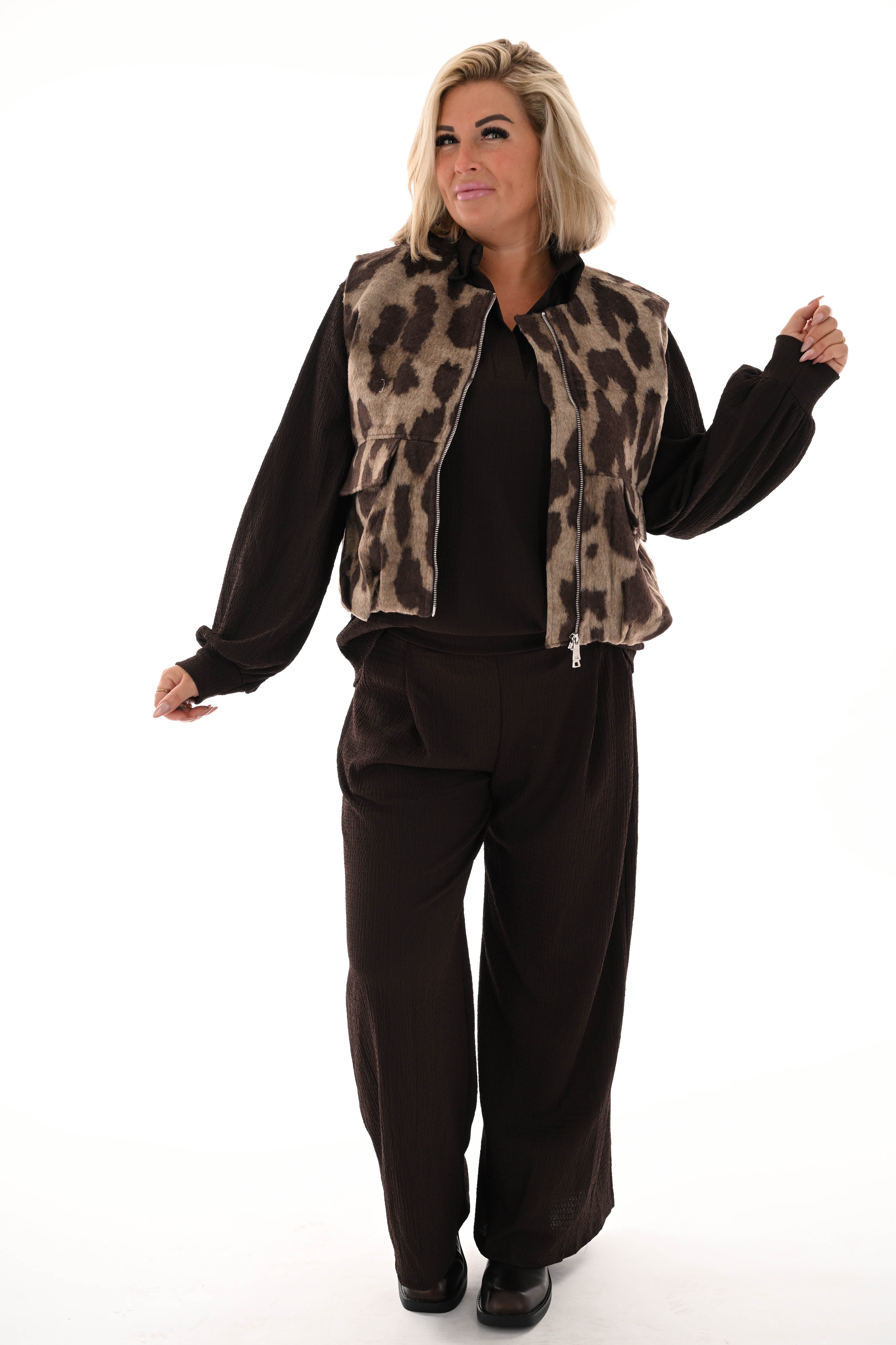 Korte panterprint gilet bruin