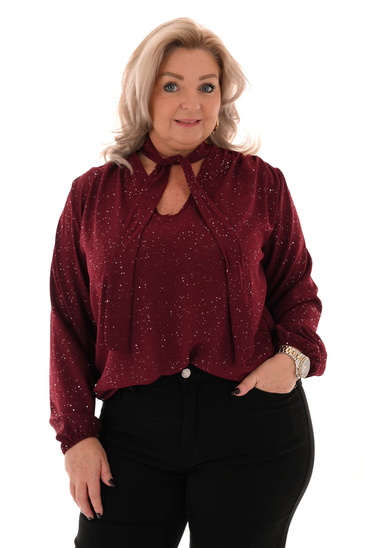 Blouse met strik glitter bordeaux