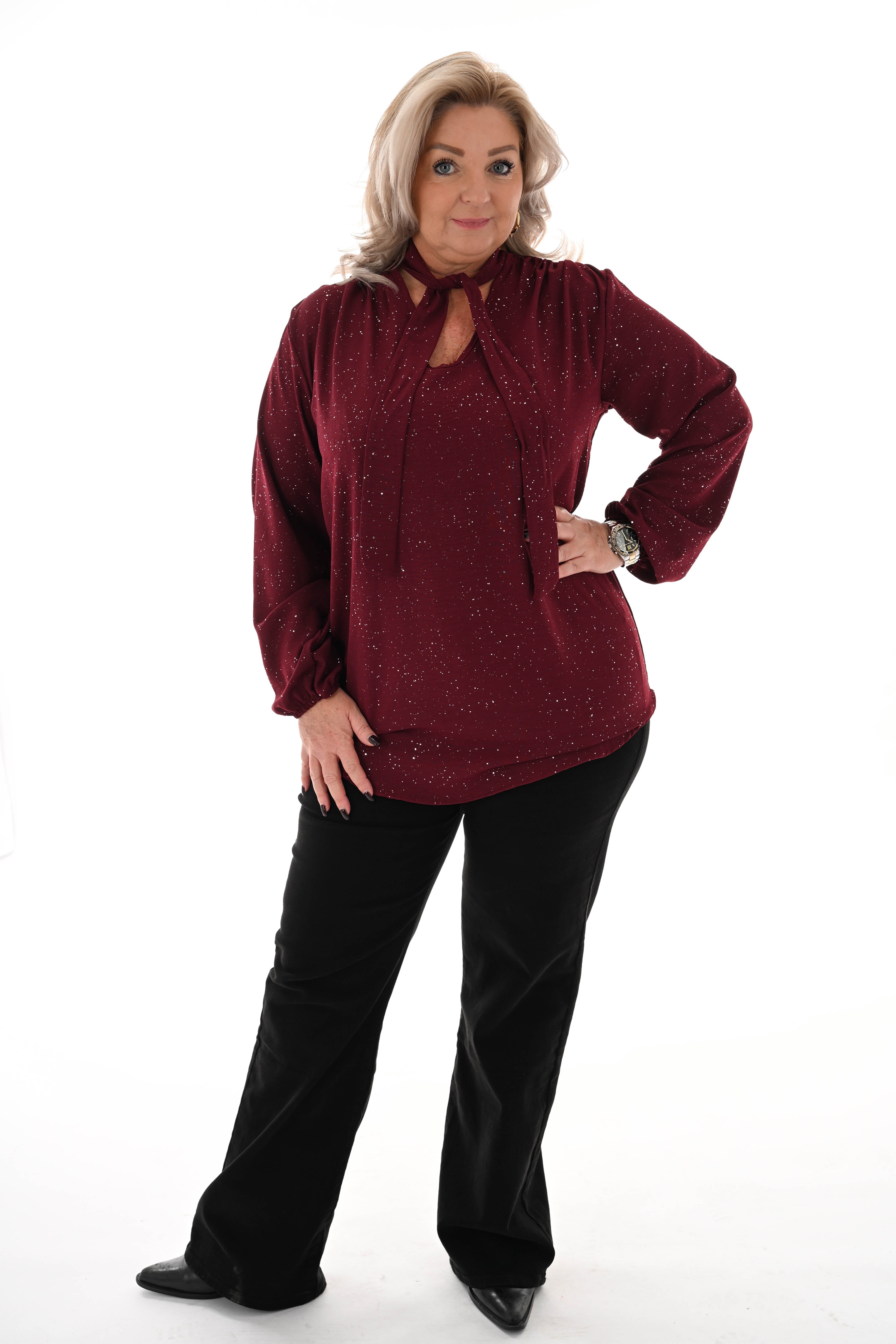 Blouse met strik glitter bordeaux