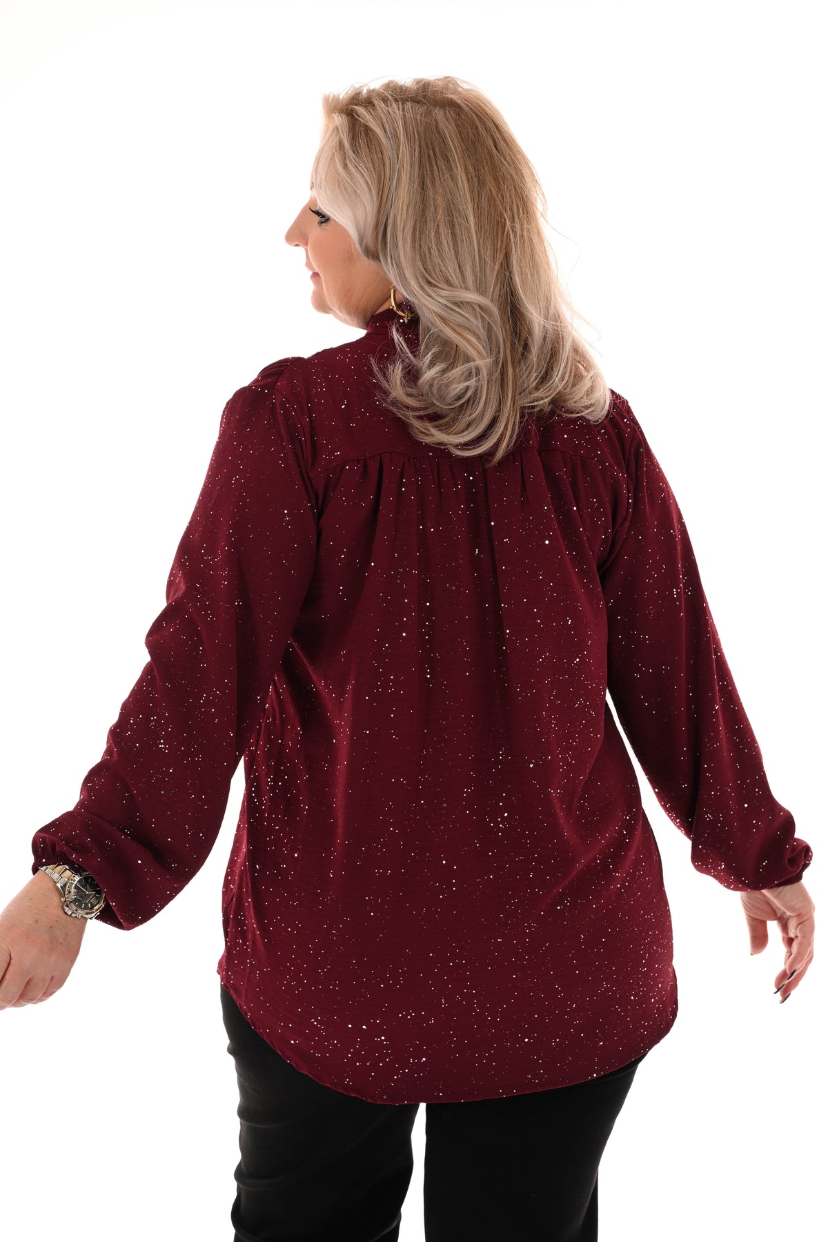 Blouse met strik glitter bordeaux