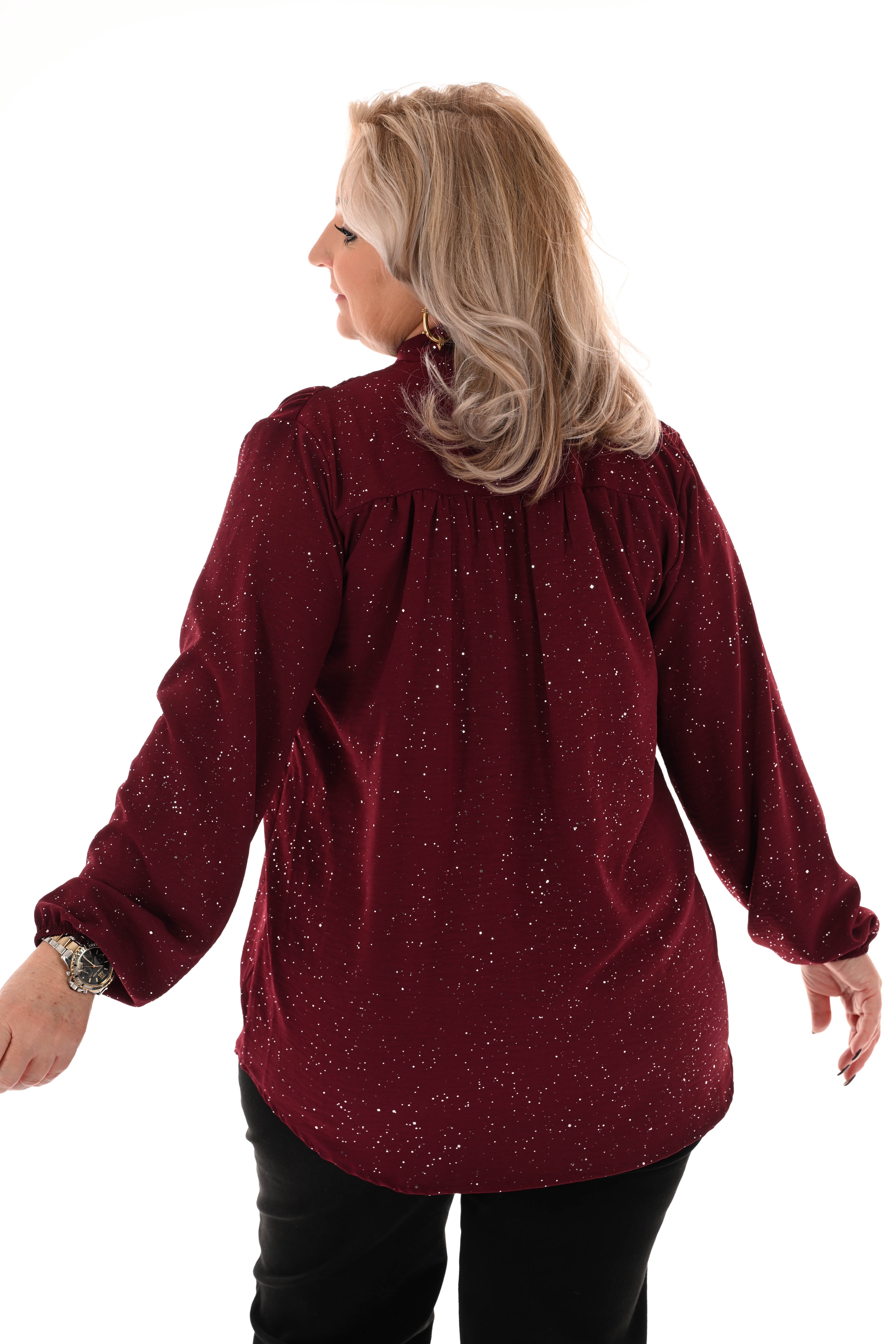 Blouse met strik glitter bordeaux