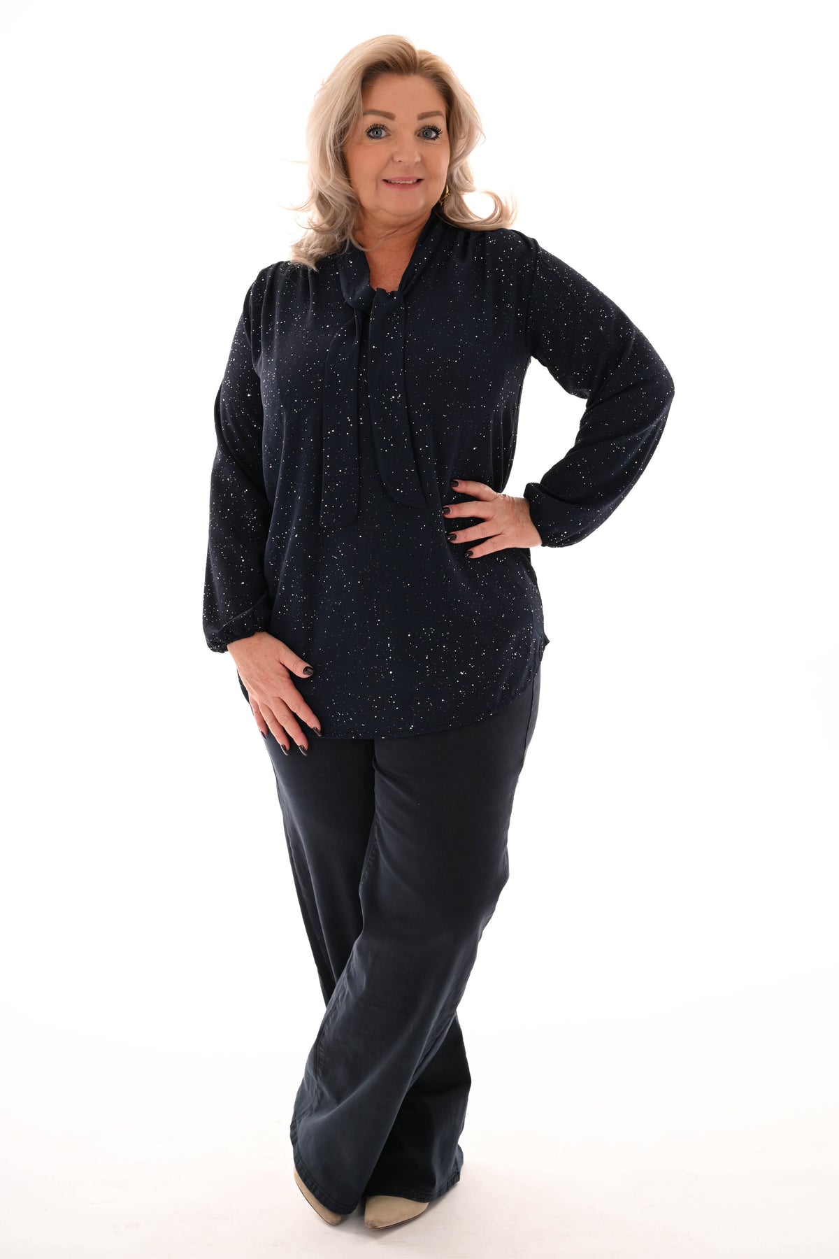 Blouse met strik glitter marineblauw