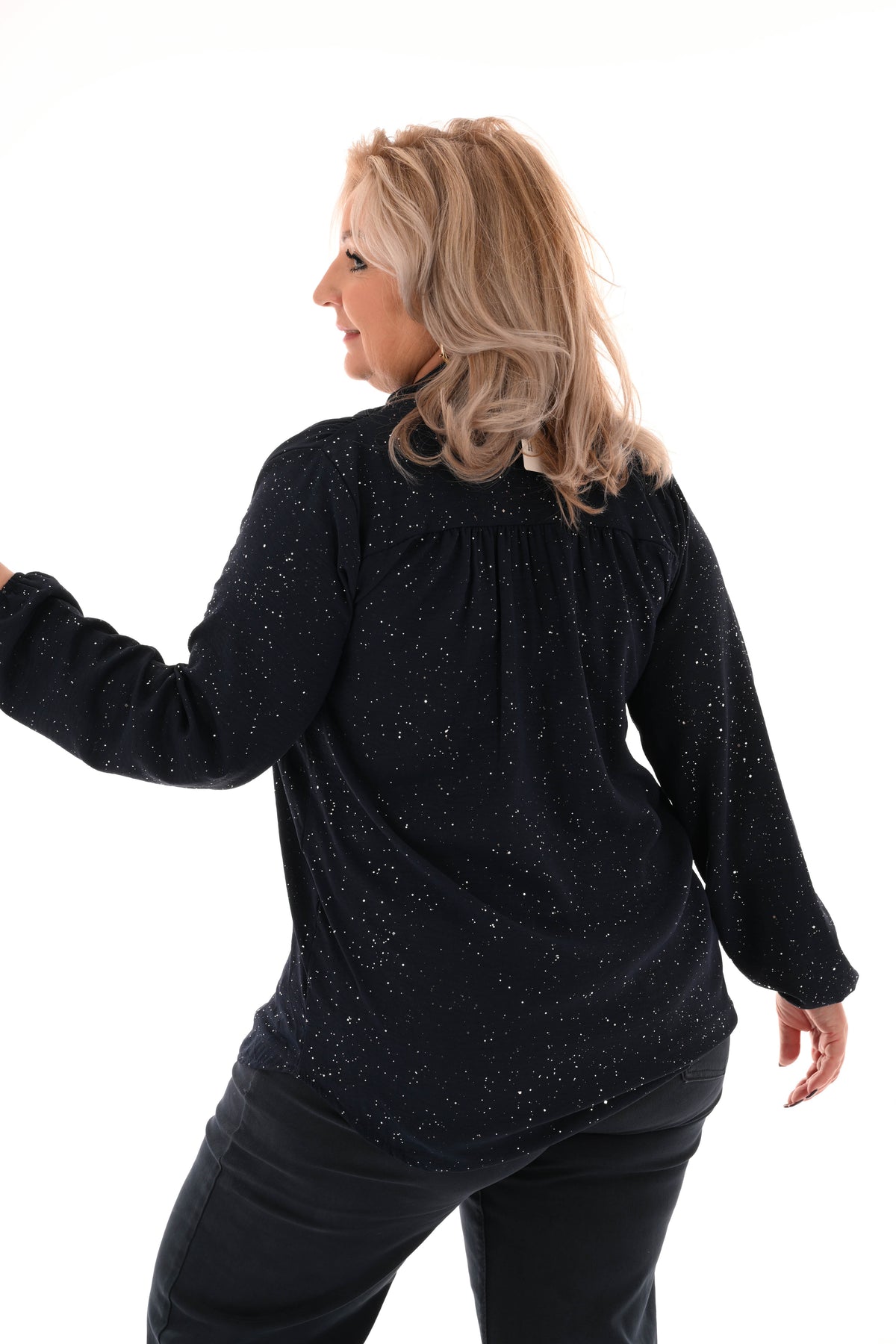Blouse met strik glitter marineblauw