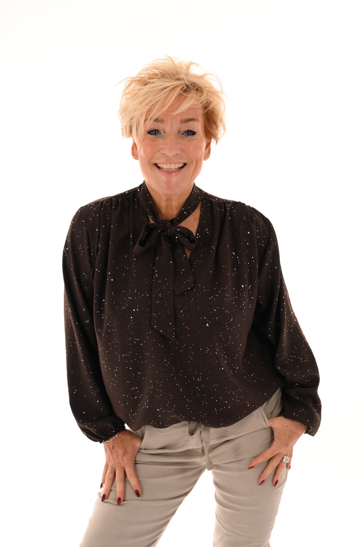 Blouse met strik glitter donkerbruin