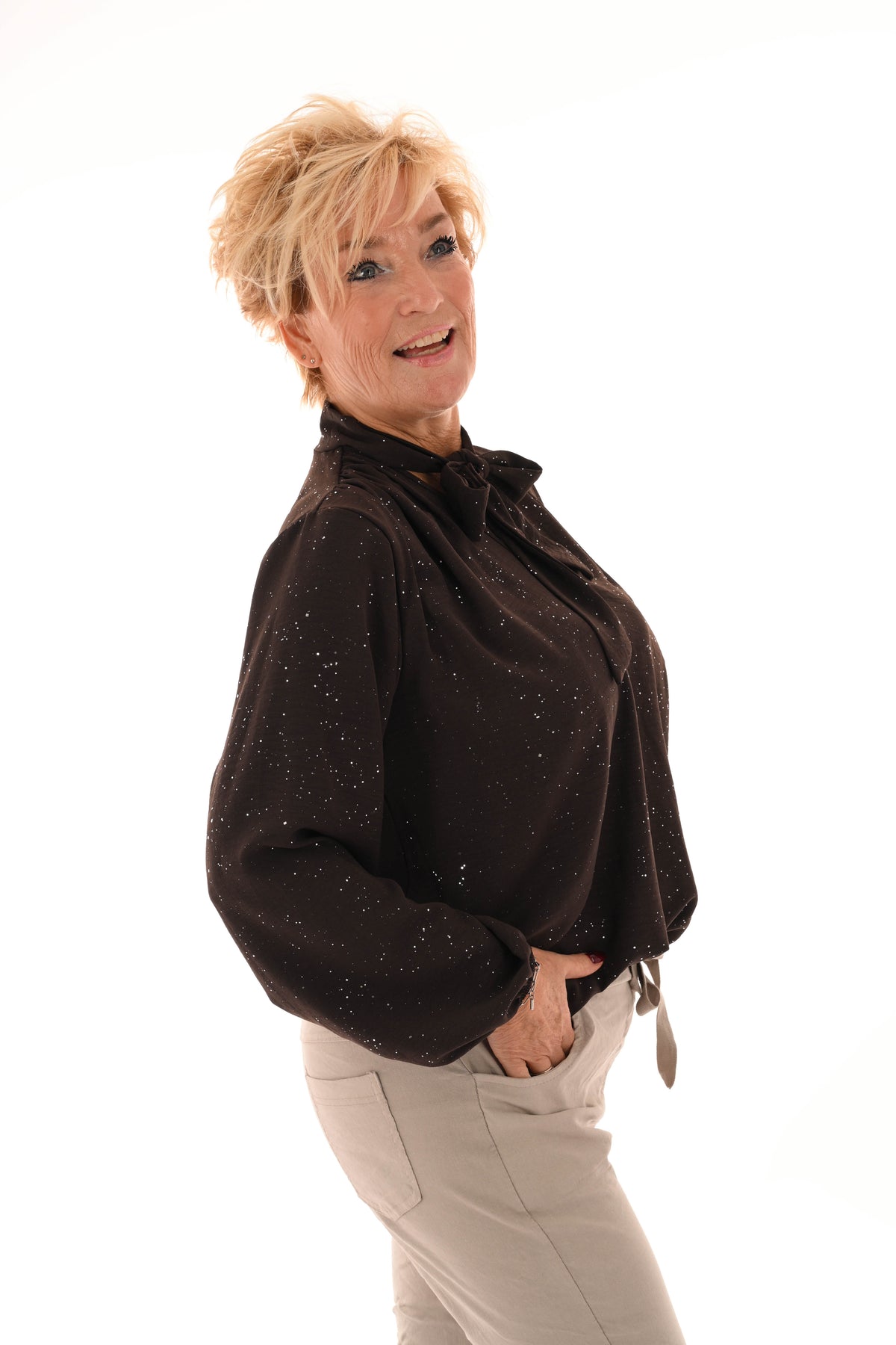 Blouse met strik glitter donkerbruin