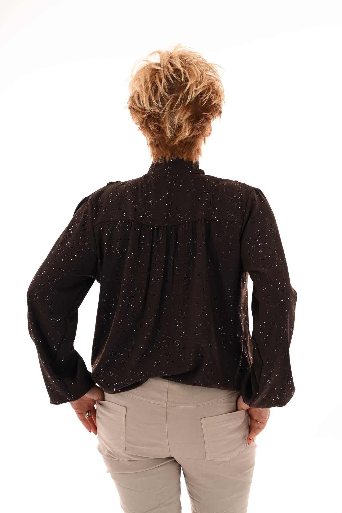 Blouse met strik glitter donkerbruin