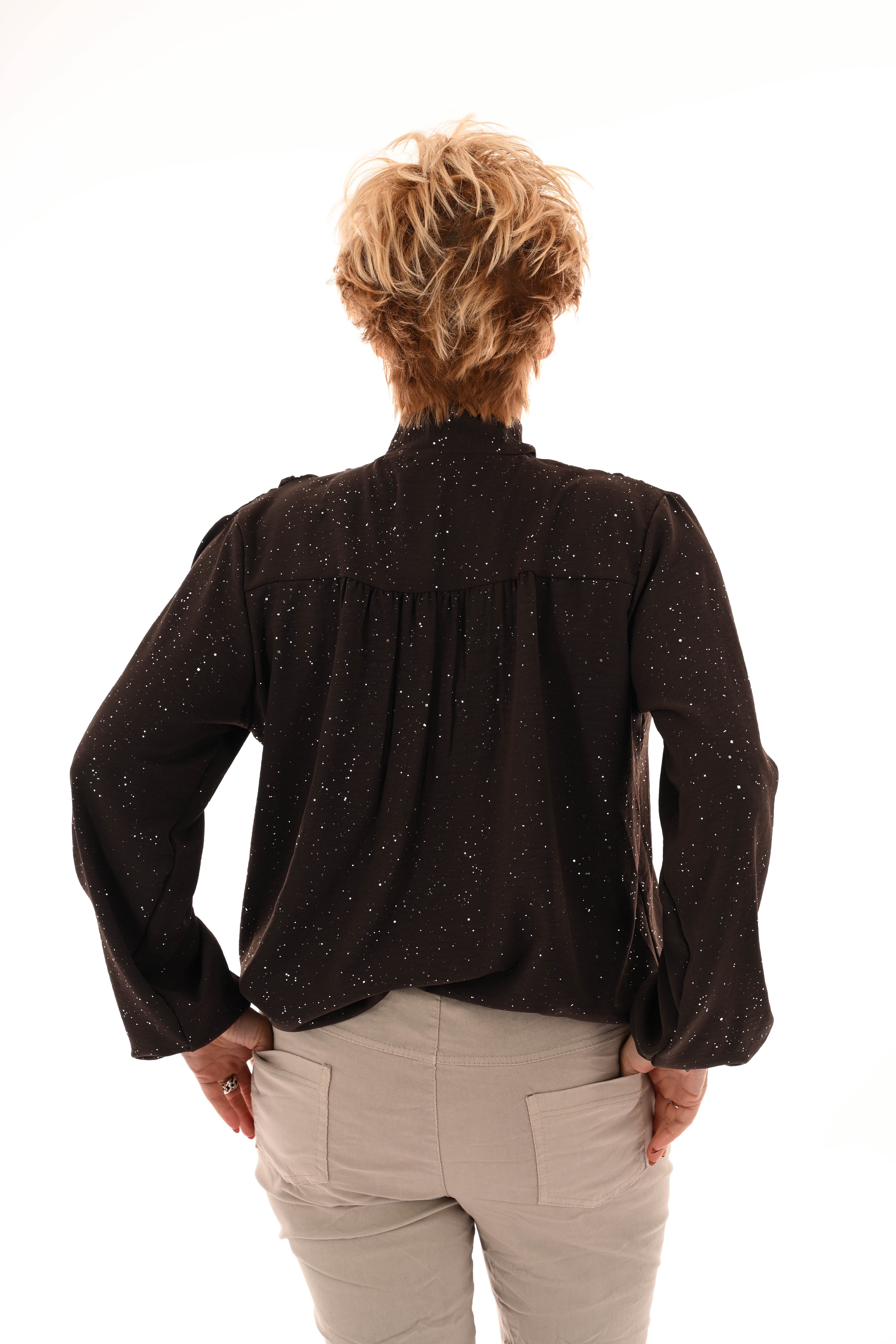 Blouse met strik glitter donkerbruin