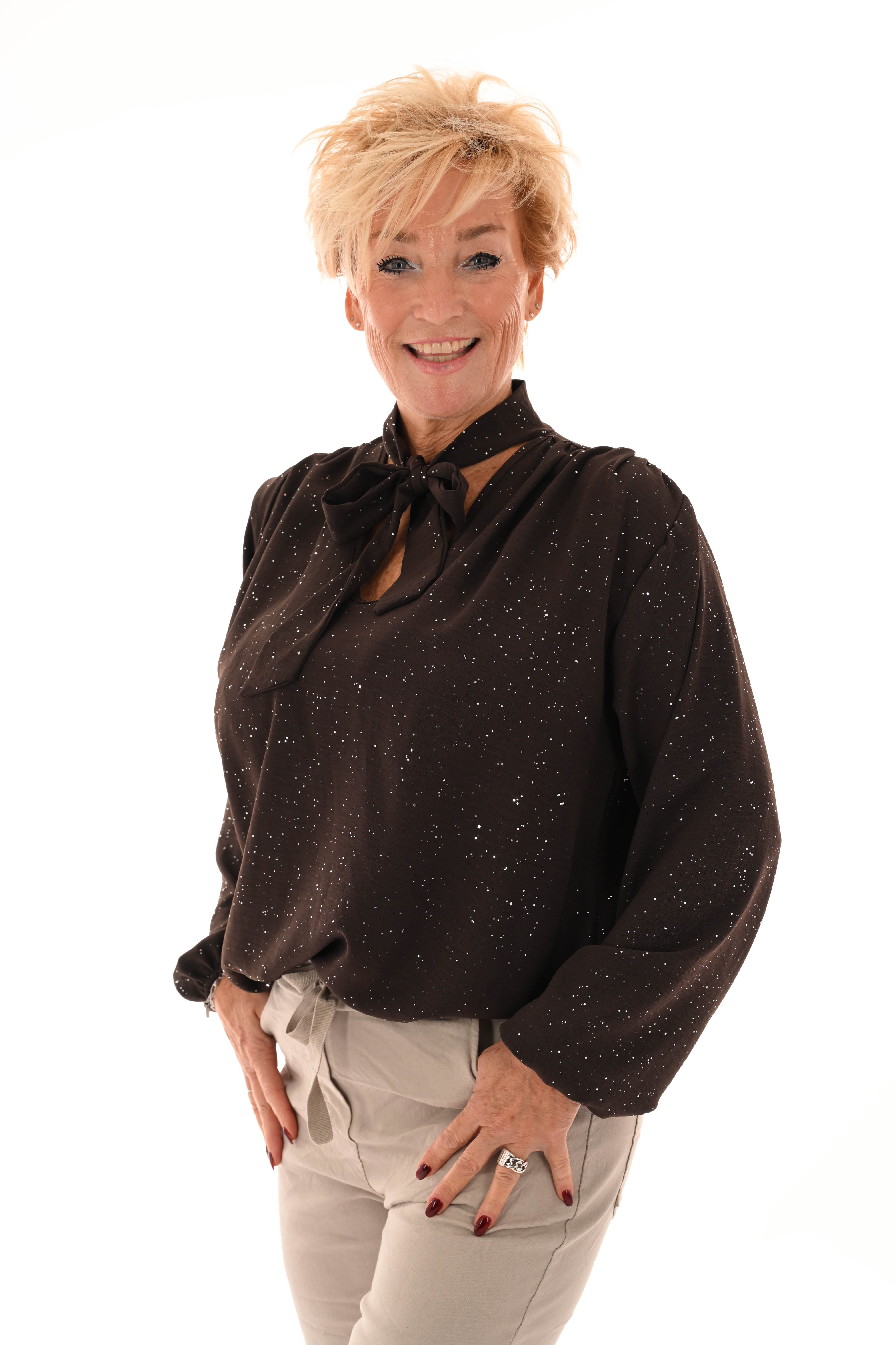 Blouse met strik glitter donkerbruin