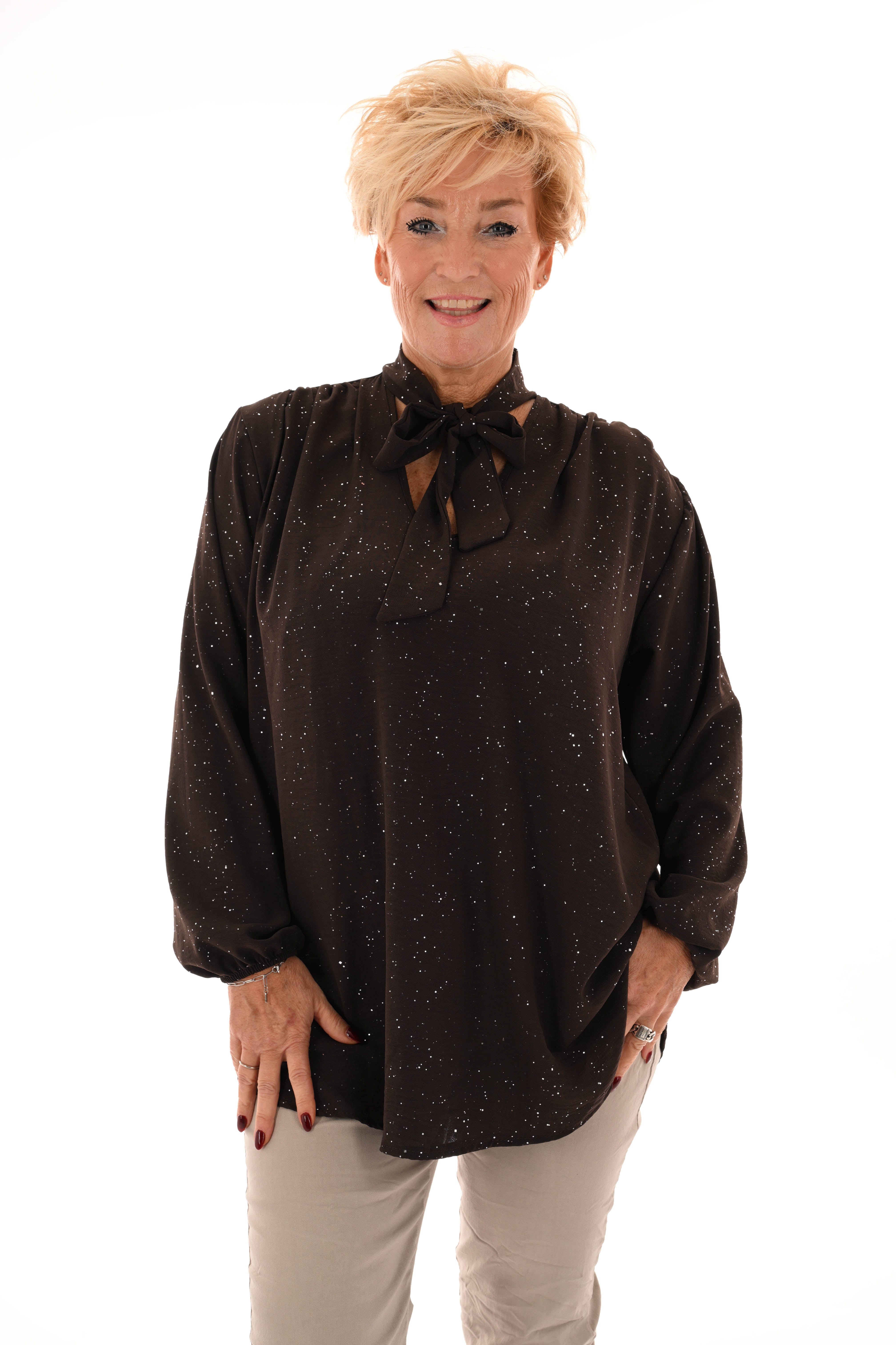 Blouse met strik glitter donkerbruin