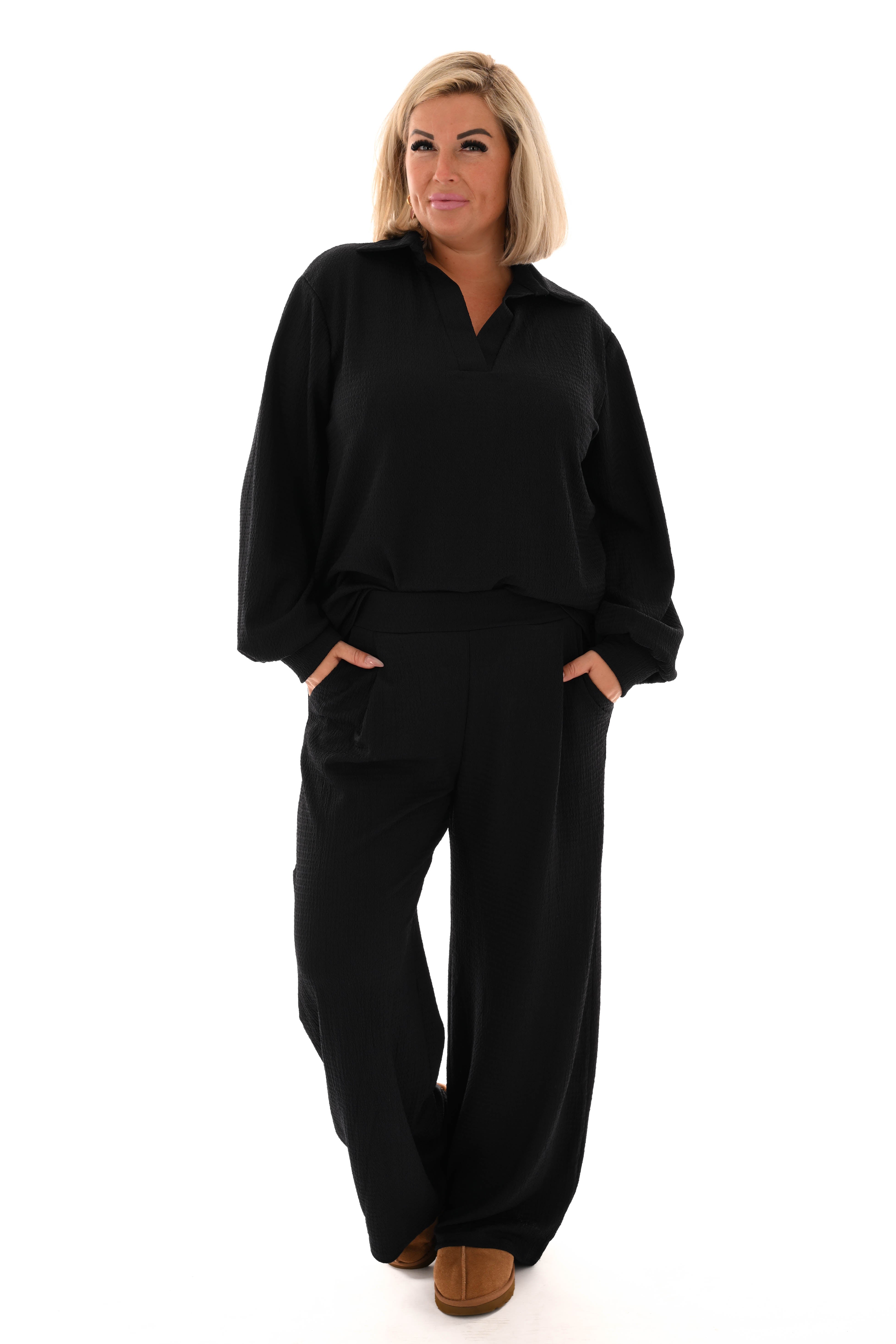 Tweedelig crepe pak v-hals met kraag marineblauw