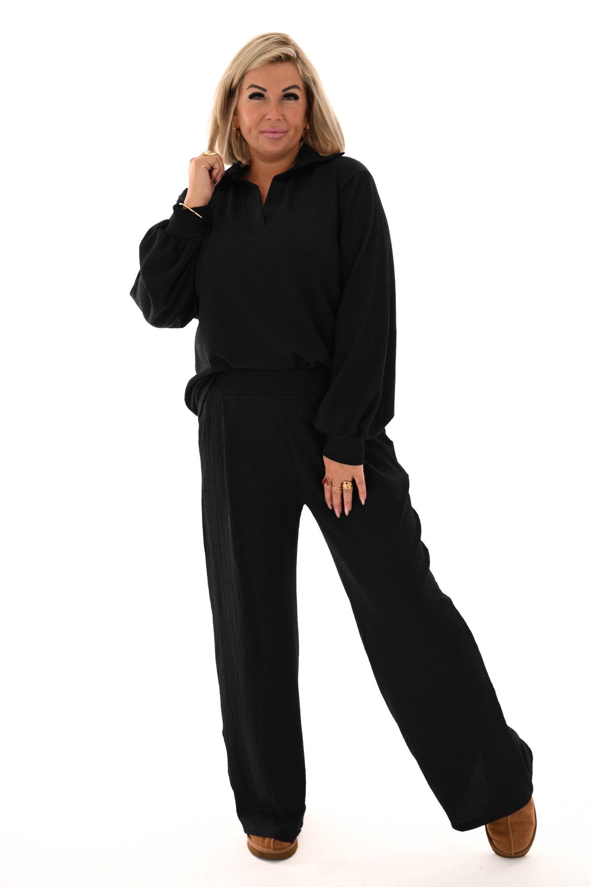 Tweedelig crepe pak v-hals met kraag marineblauw