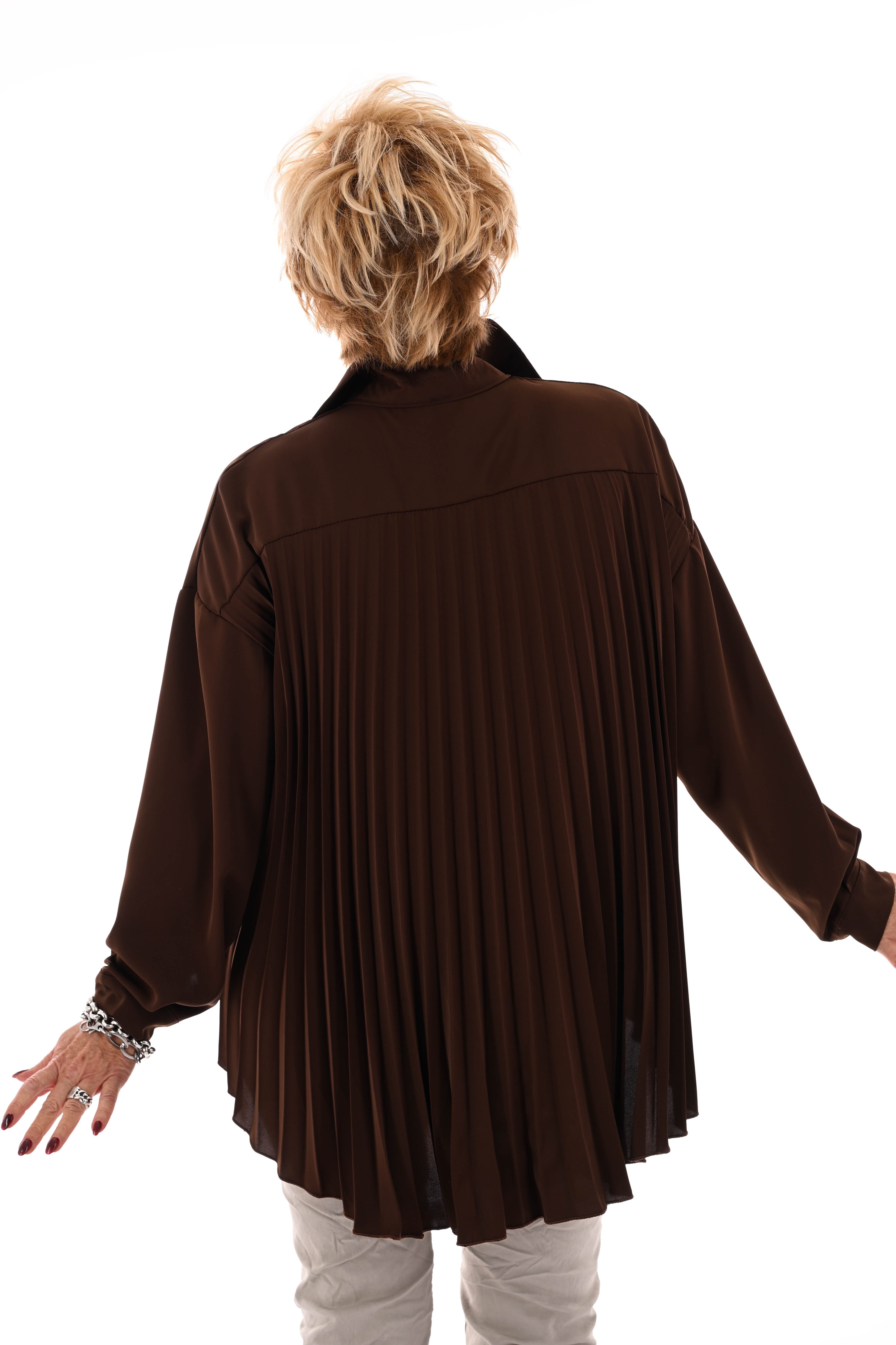 Doorknoop blouse uni plisse rug bruin