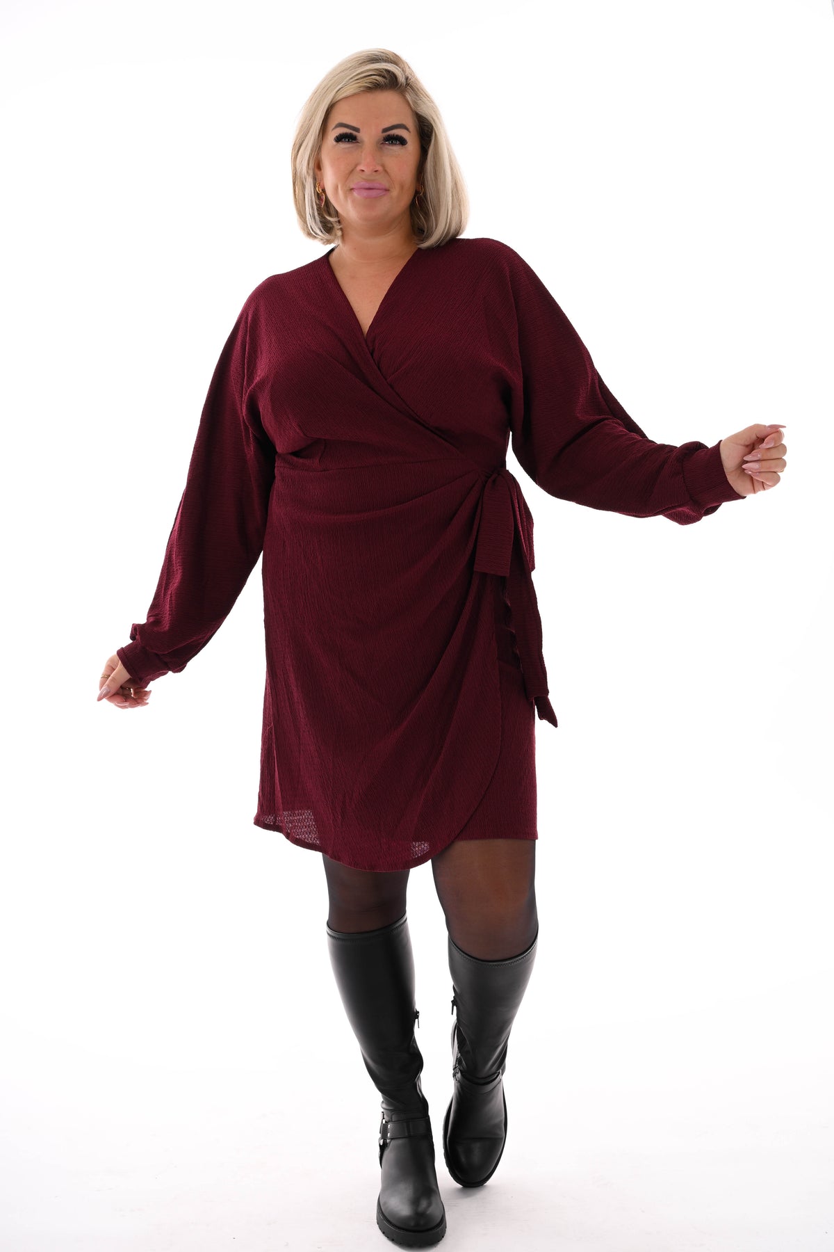 Korte jurk crepe met strik bordeaux