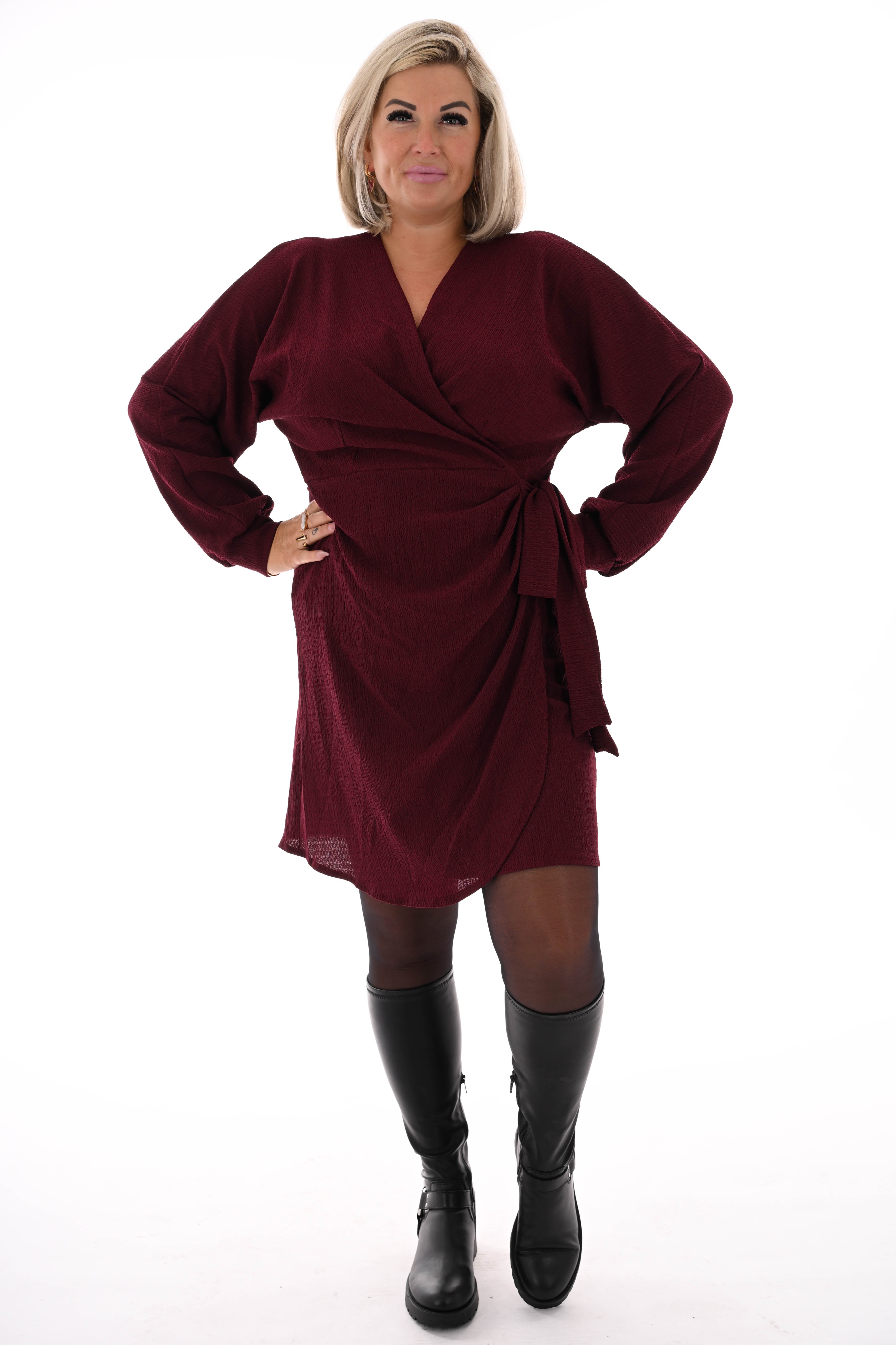 Korte jurk crepe met strik bordeaux