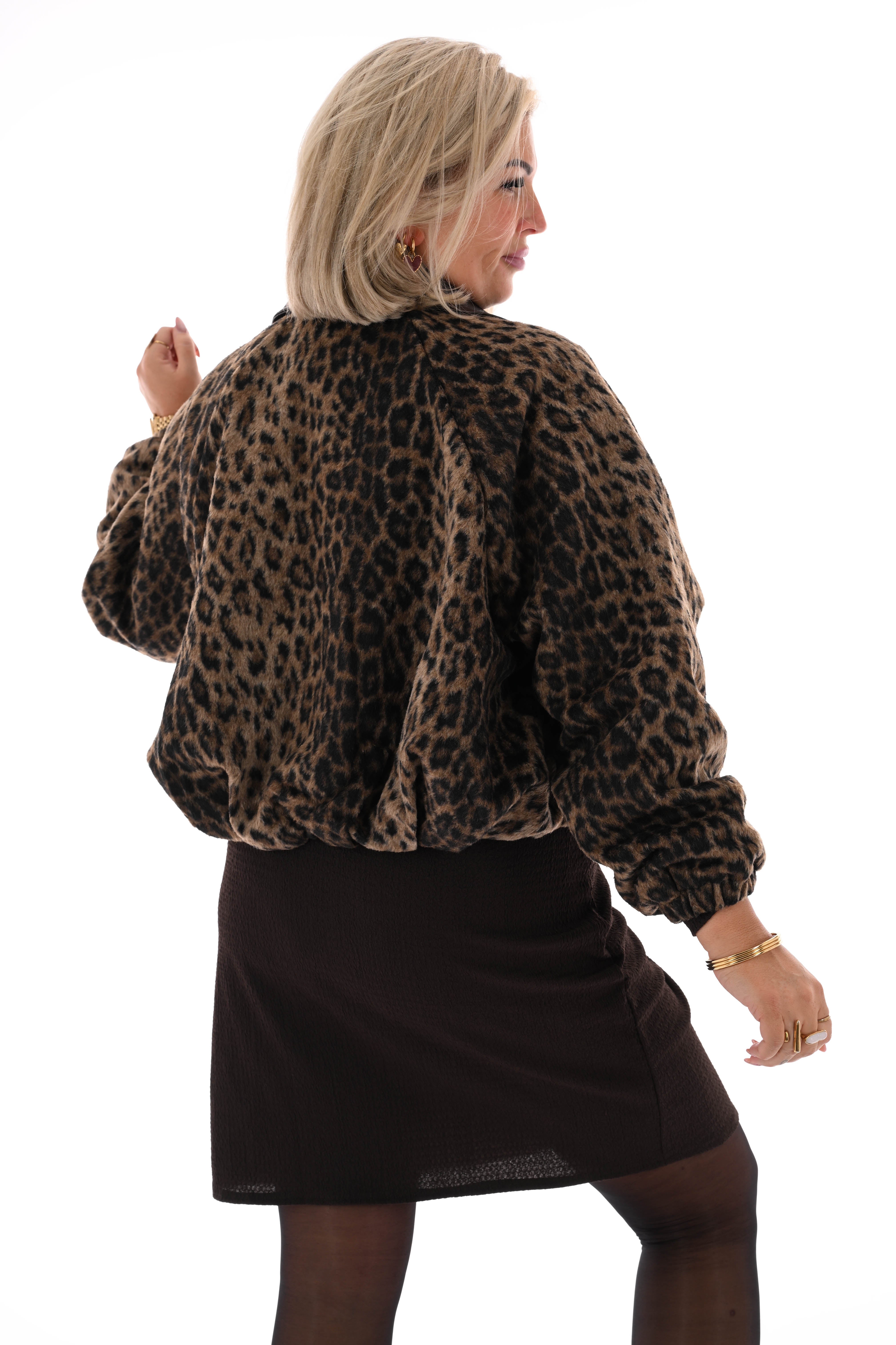Korte panterprint bomber bruin