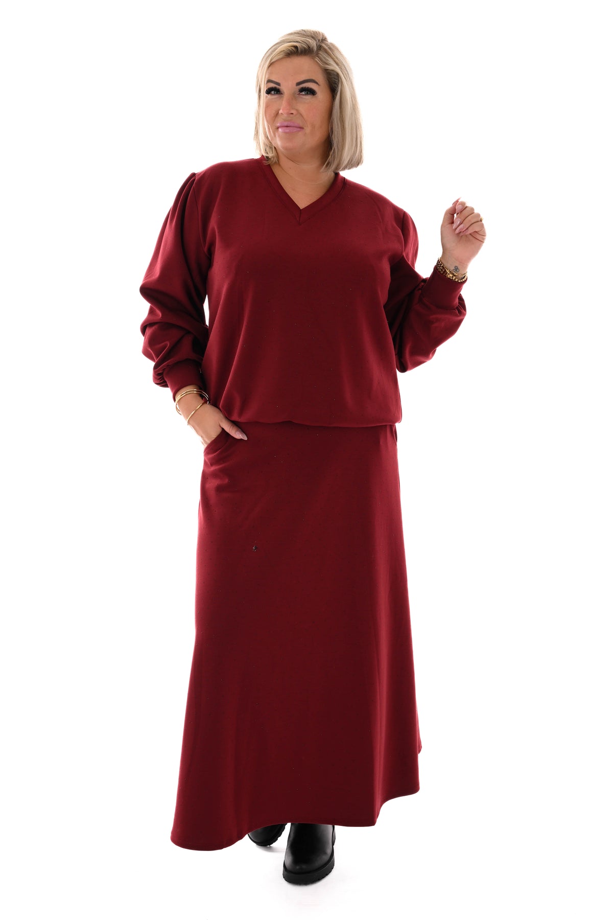 Tweedelig set sweater en rok strass bordeaux