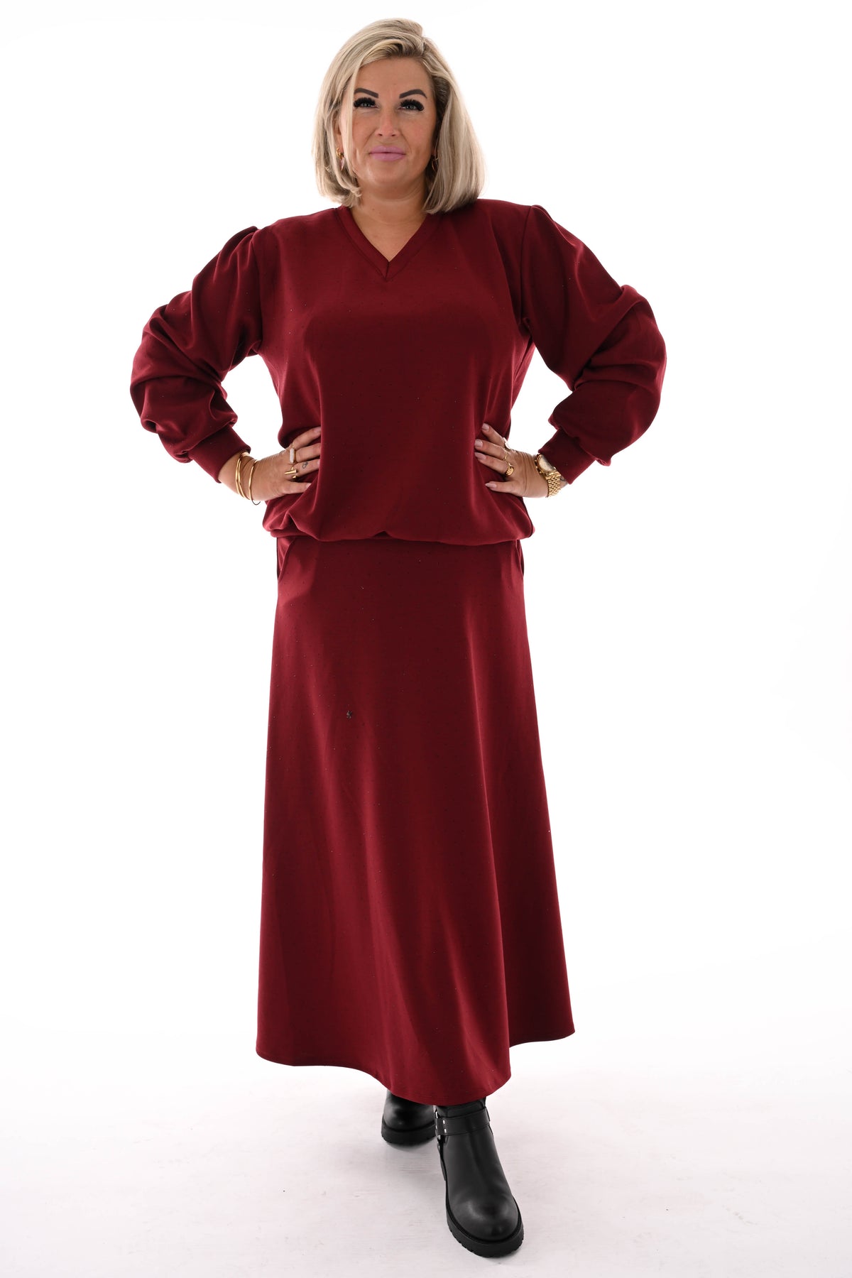 Tweedelig set sweater en rok strass bordeaux