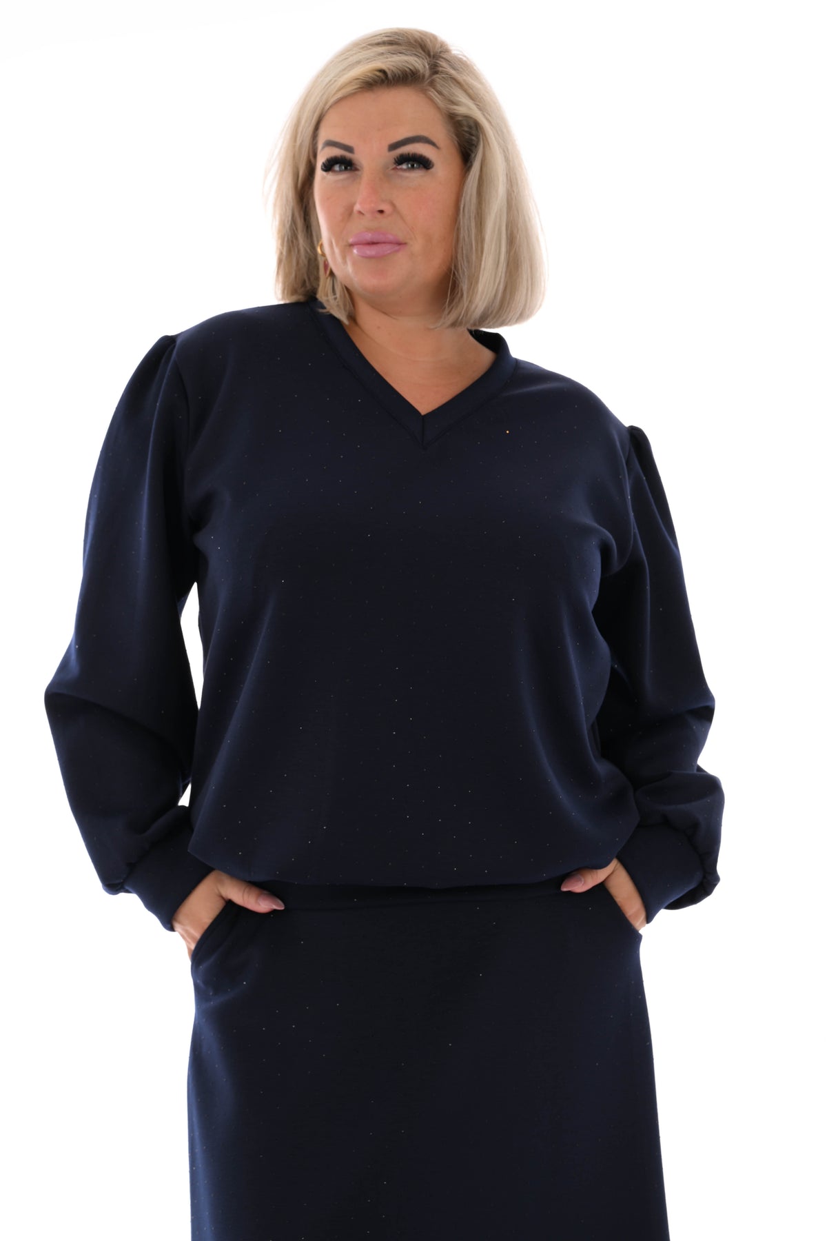 Tweedelig set sweater en rok strass marineblauw