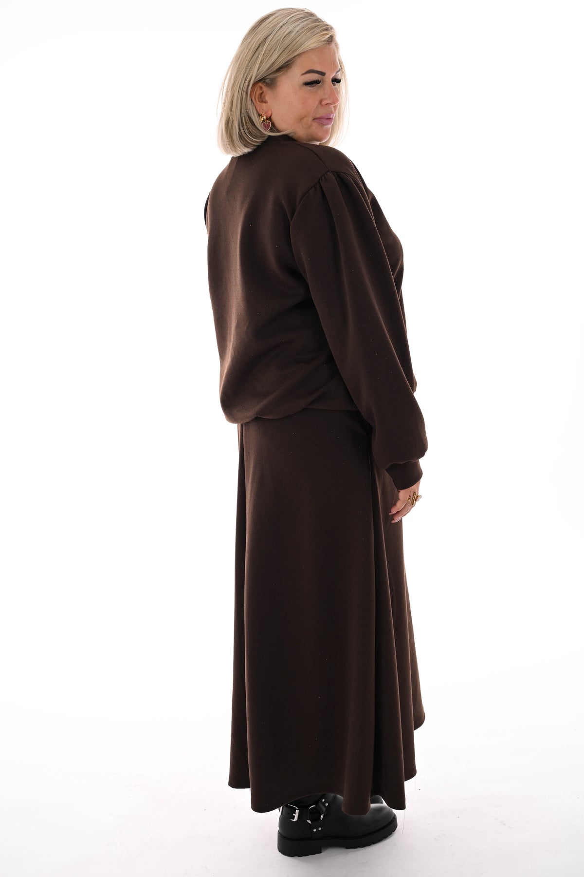 Tweedelig set sweater en rok strass donkerbruin