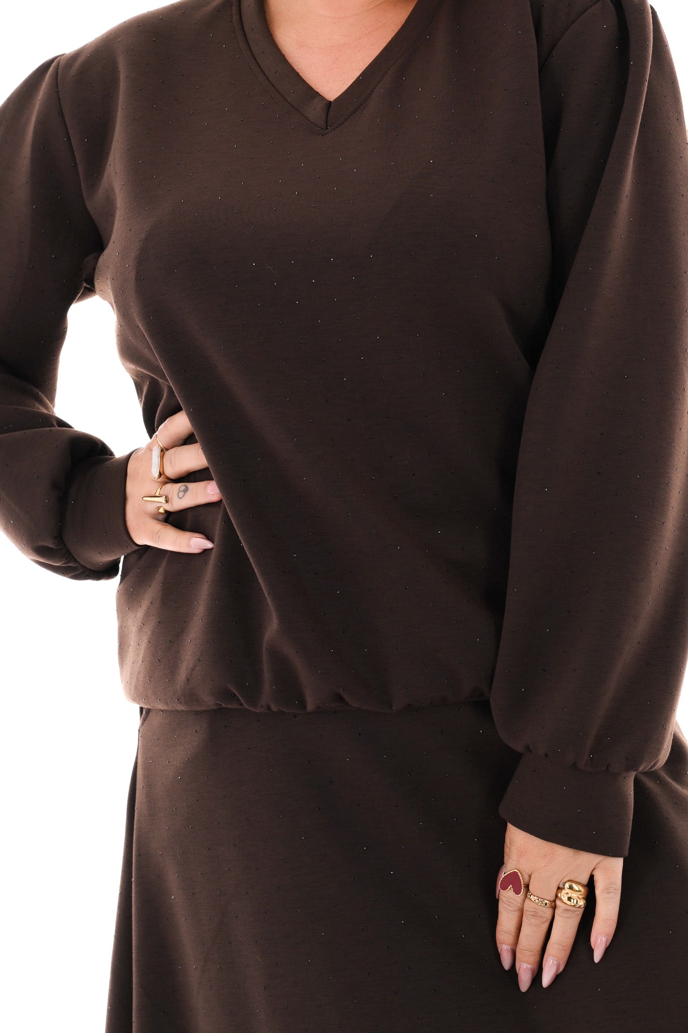 Tweedelig set sweater en rok strass donkerbruin