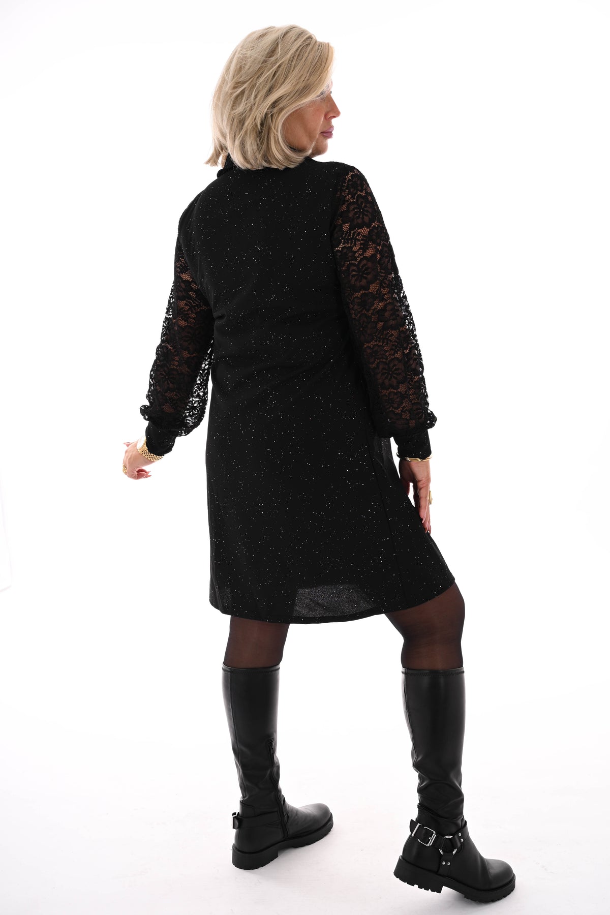 Korte jurk glitter met kanten mouwen zwart