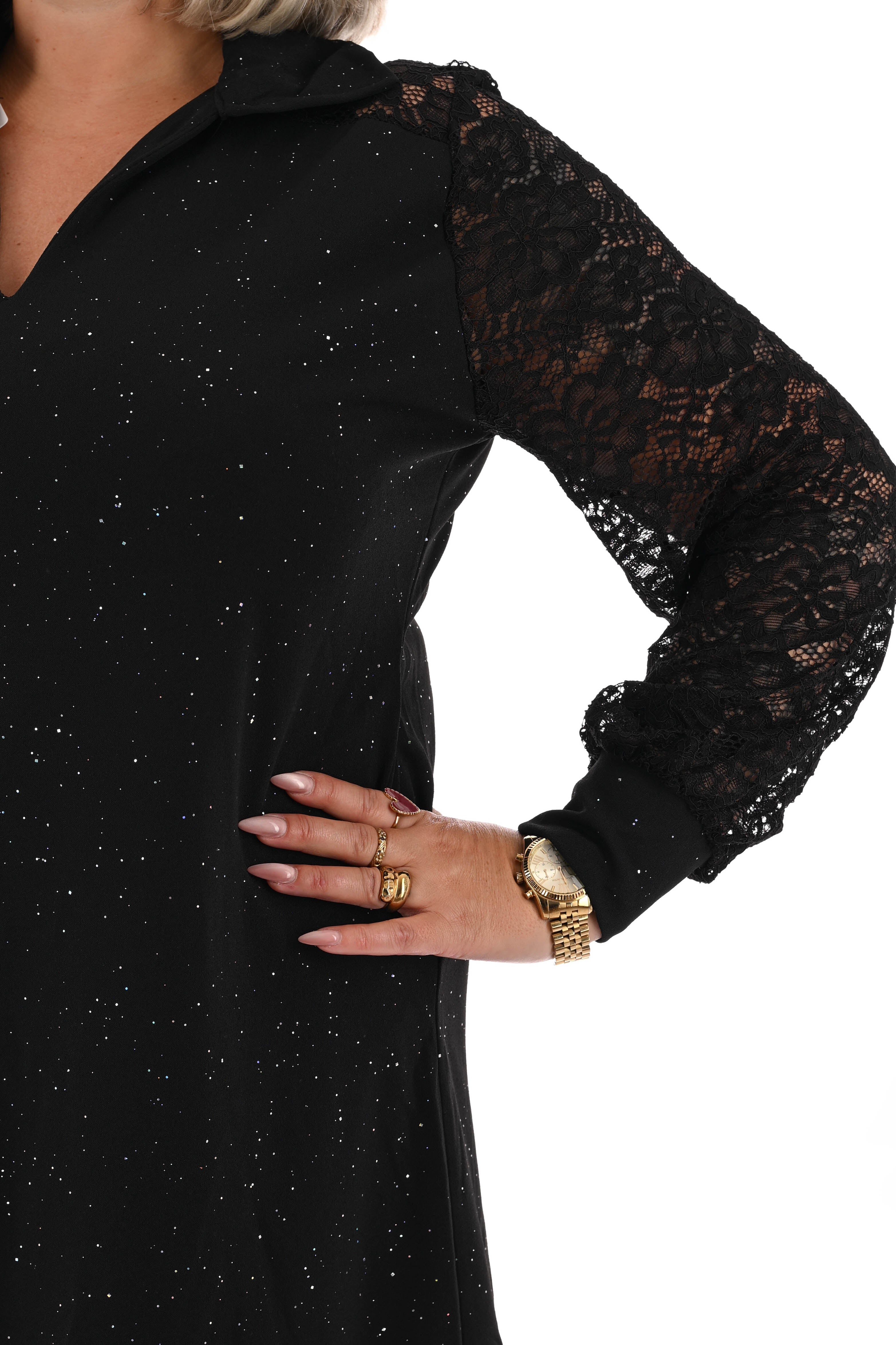 Korte jurk glitter met kanten mouwen zwart