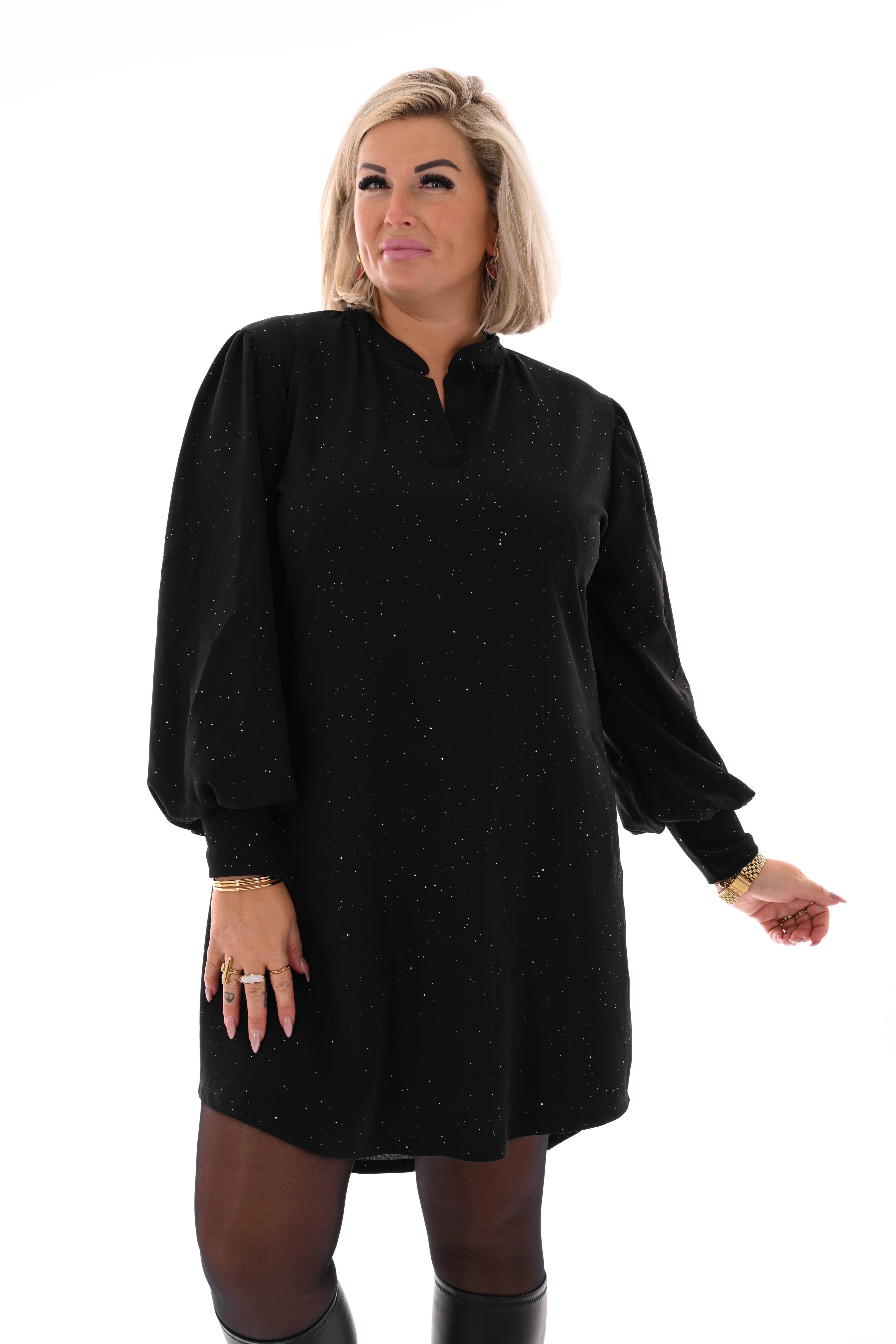 Jurk v-hals en pofmouwen glitter flakes zwart
