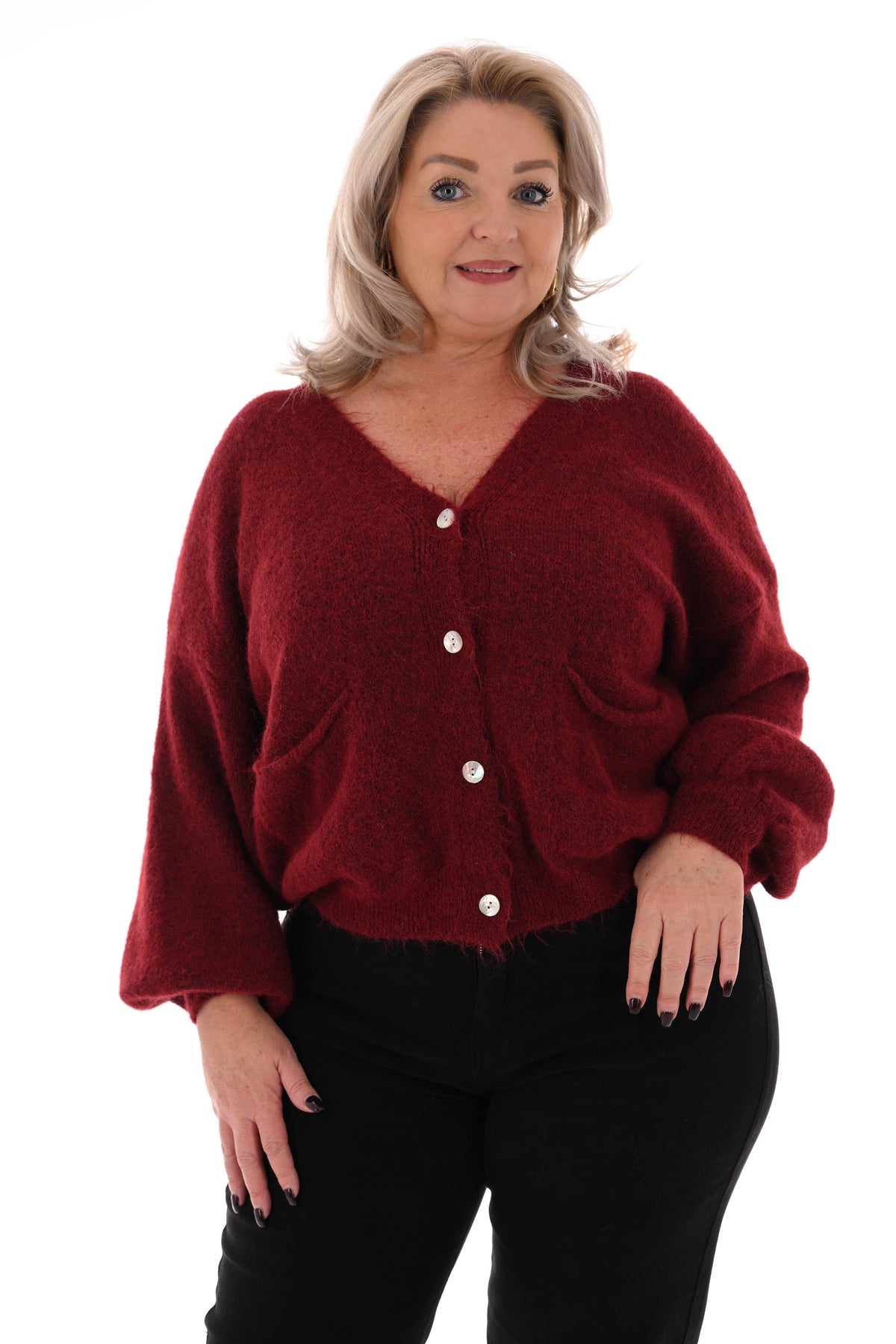 Kort gebreid vest pofmouwen bordeaux