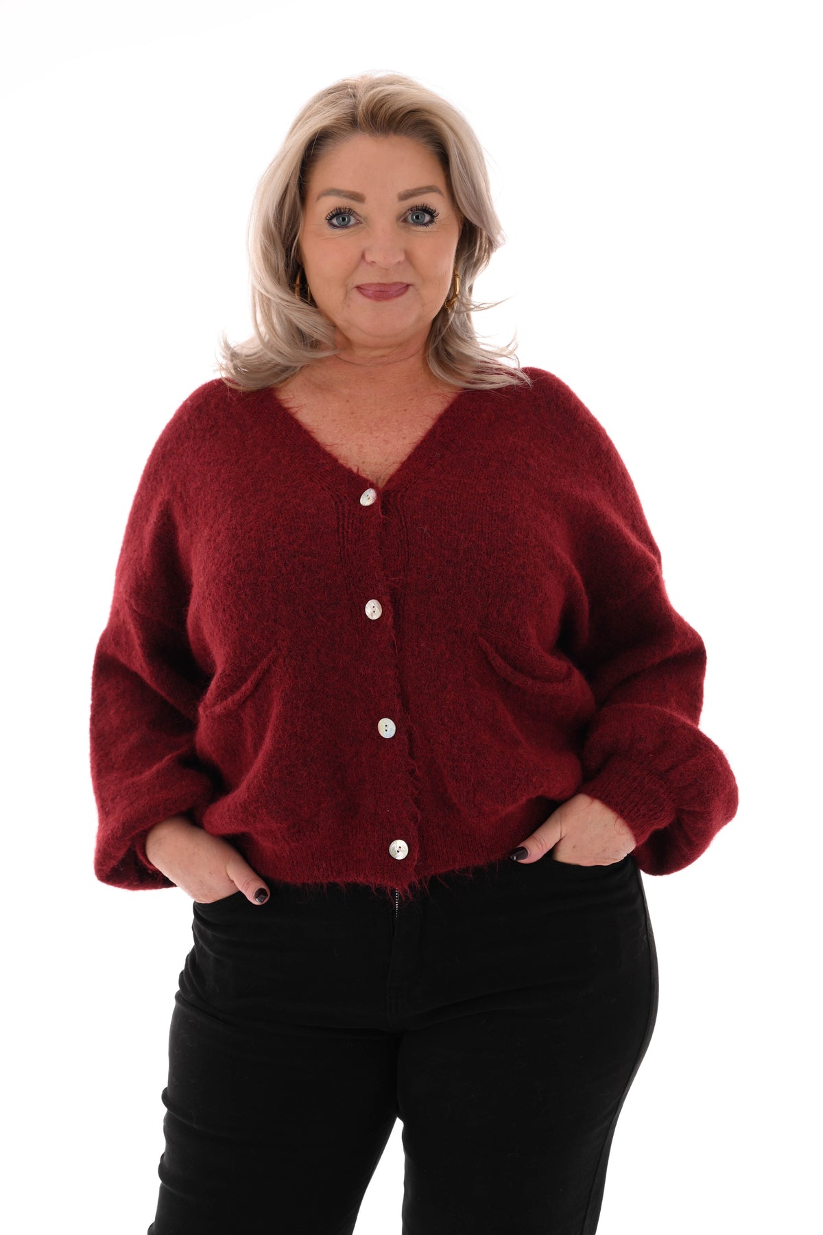 Kort gebreid vest pofmouwen bordeaux