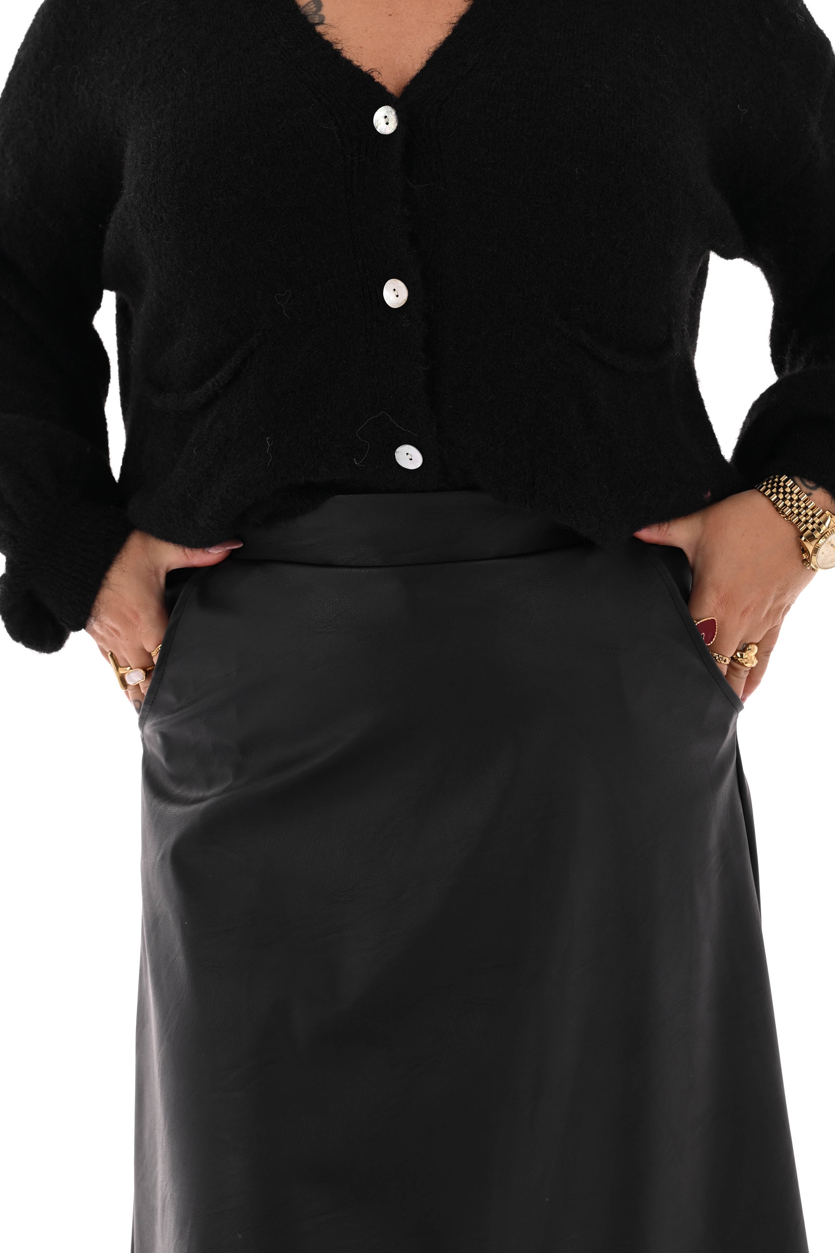 Lange leatherlook rok zwart